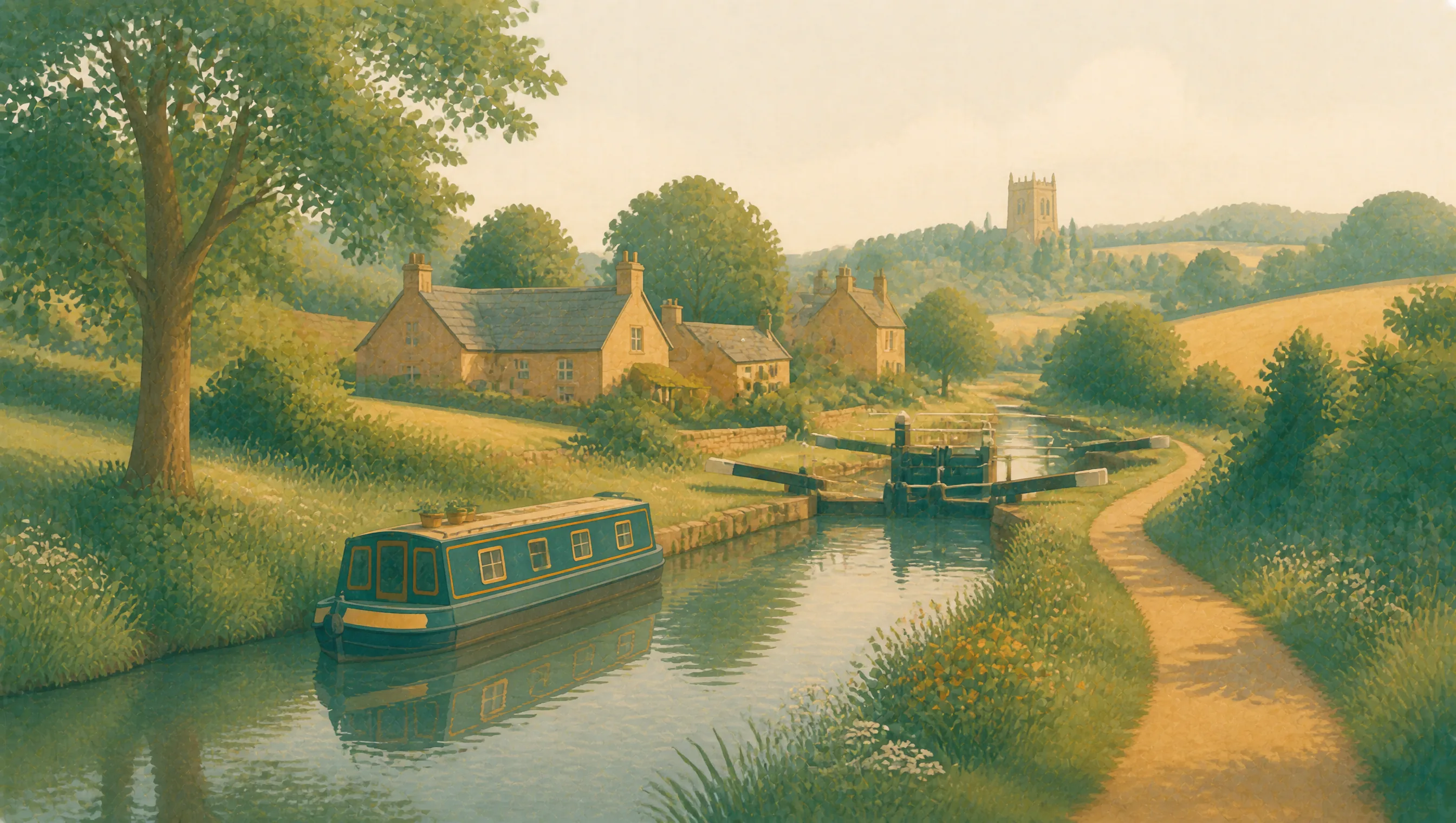 An illustrated Northamptonshire canal lock with a narrowboat, stone cottages, towpath and church tower.
