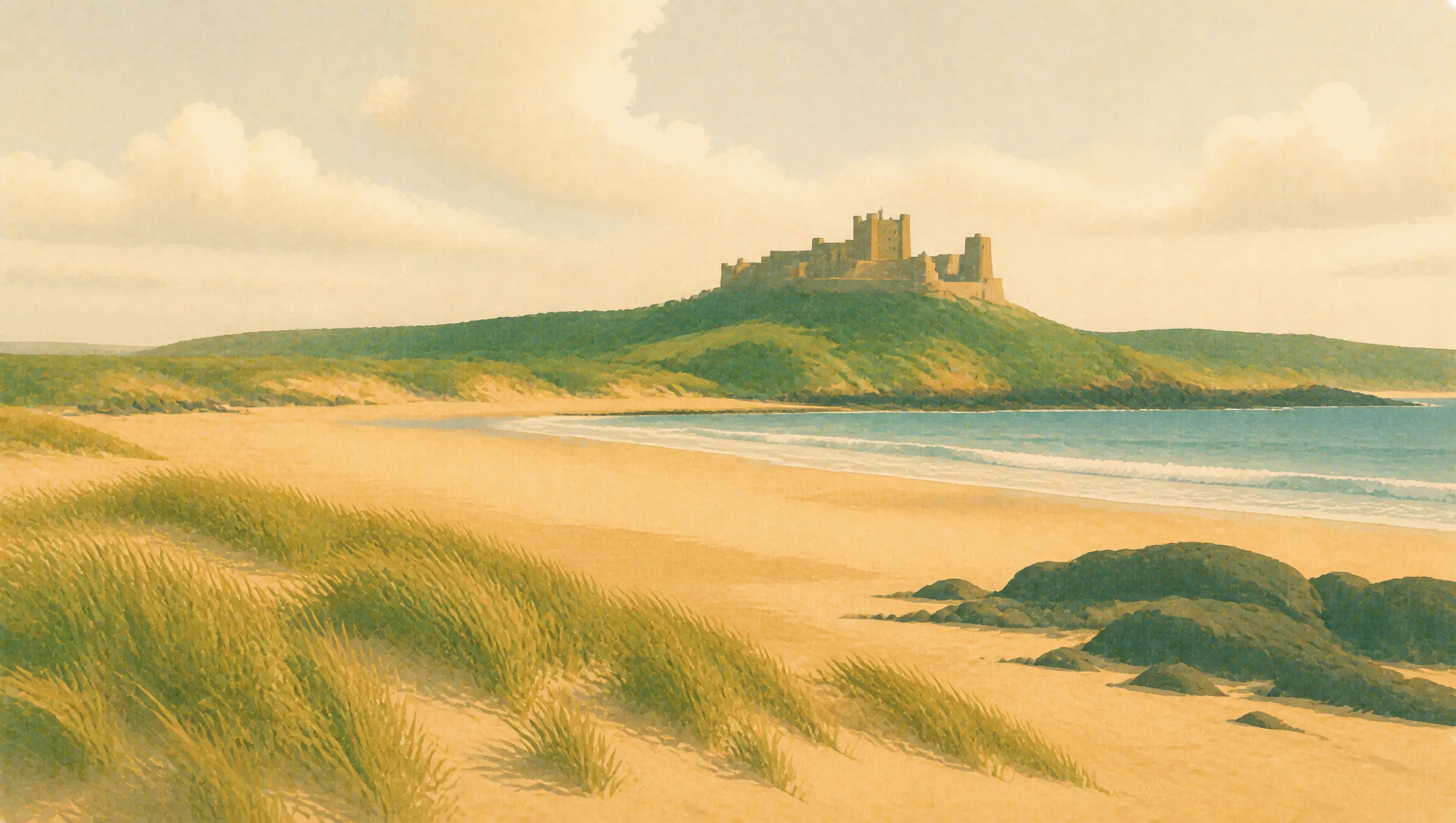 An illustrated Northumberland coast with dunes, a broad sandy beach and a castle on a distant headland.