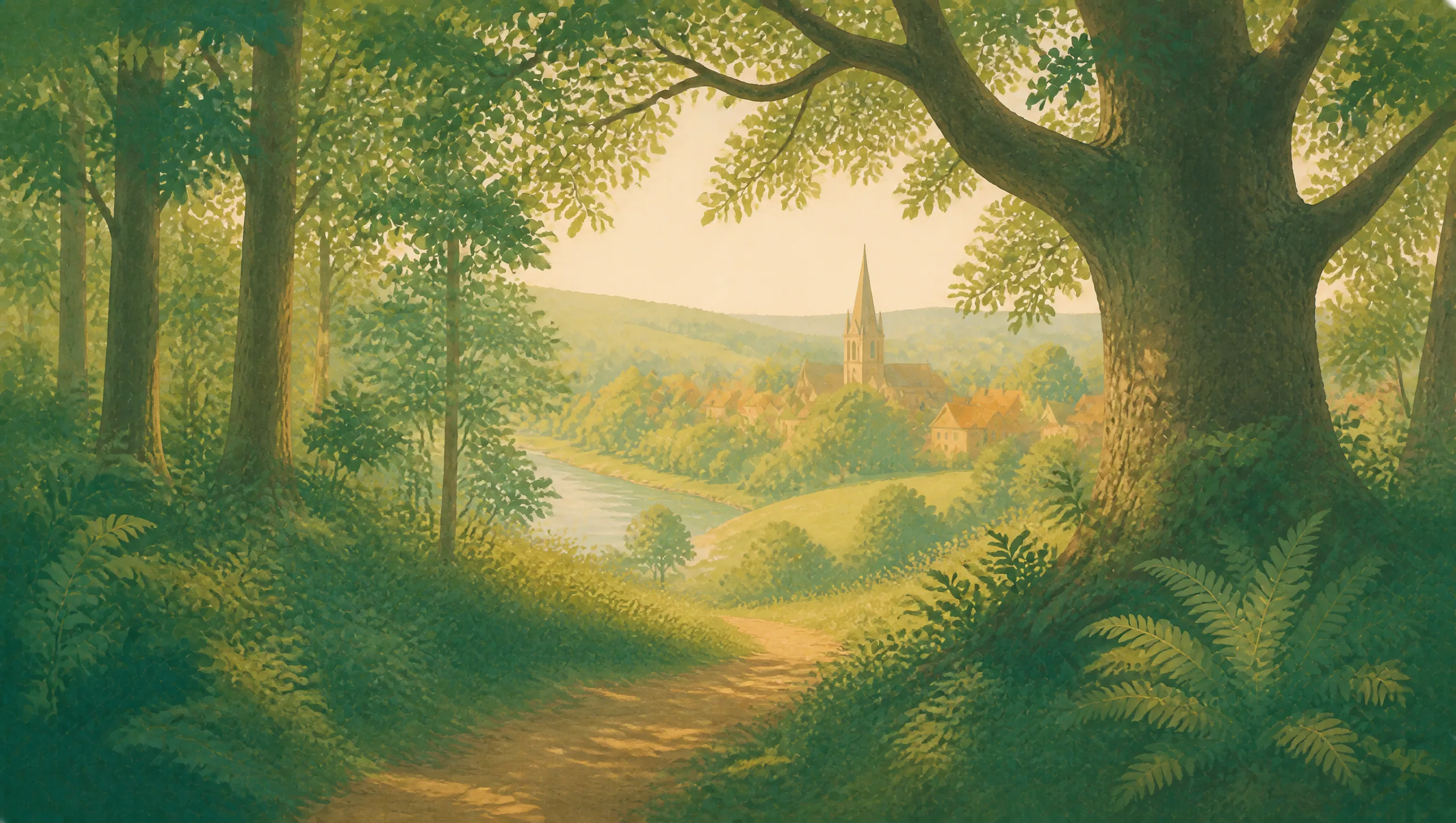 An illustrated Nottinghamshire woodland path opening towards a river valley and a small church town.