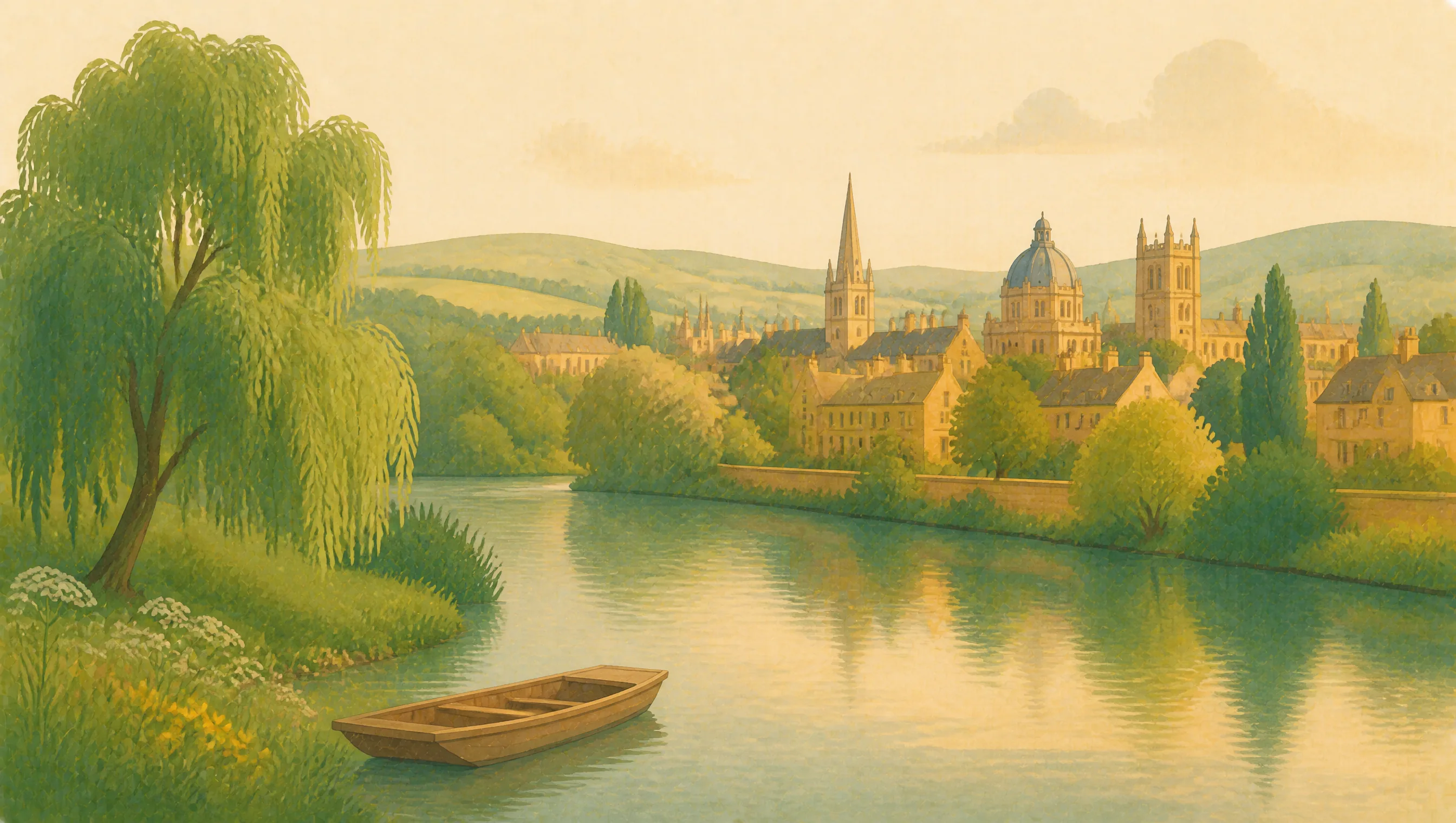 A stylised Oxfordshire riverside with willow trees, honey-coloured buildings, distant spires and rolling hills.