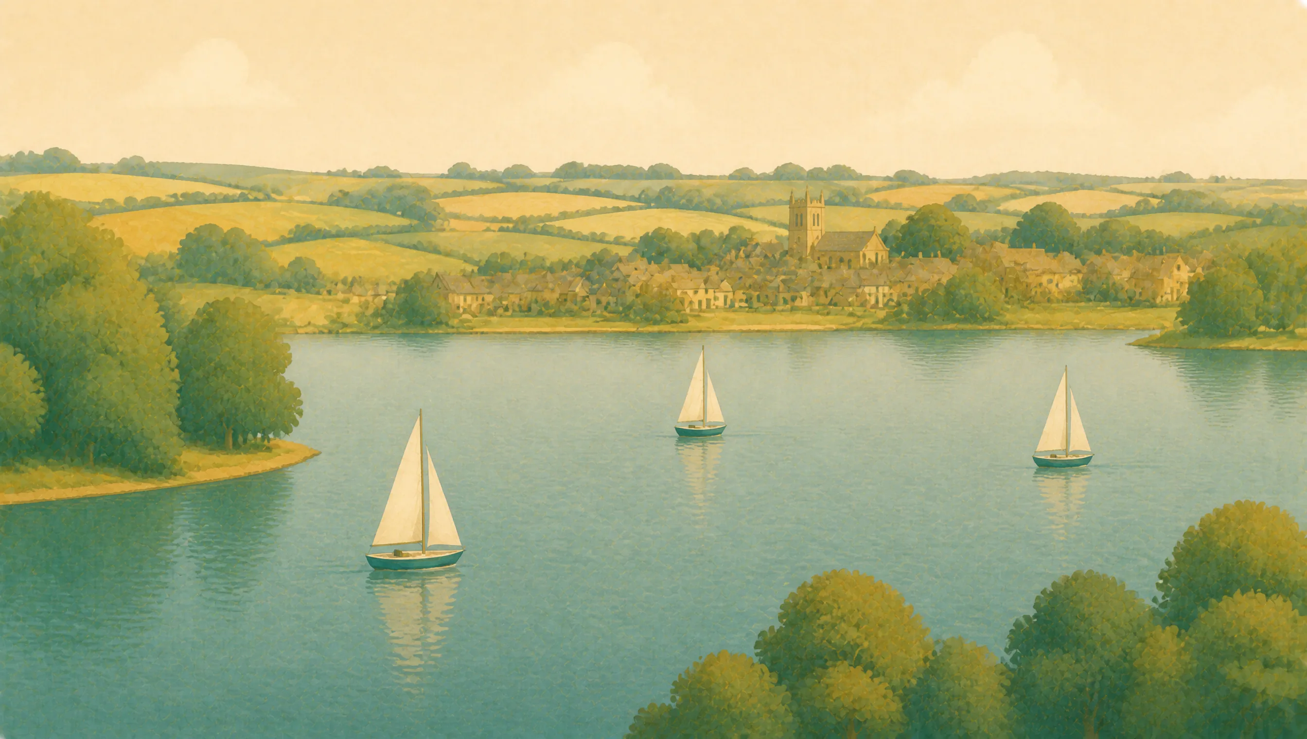 An illustrated view across Rutland Water with sailing boats, wooded banks and a stone village.