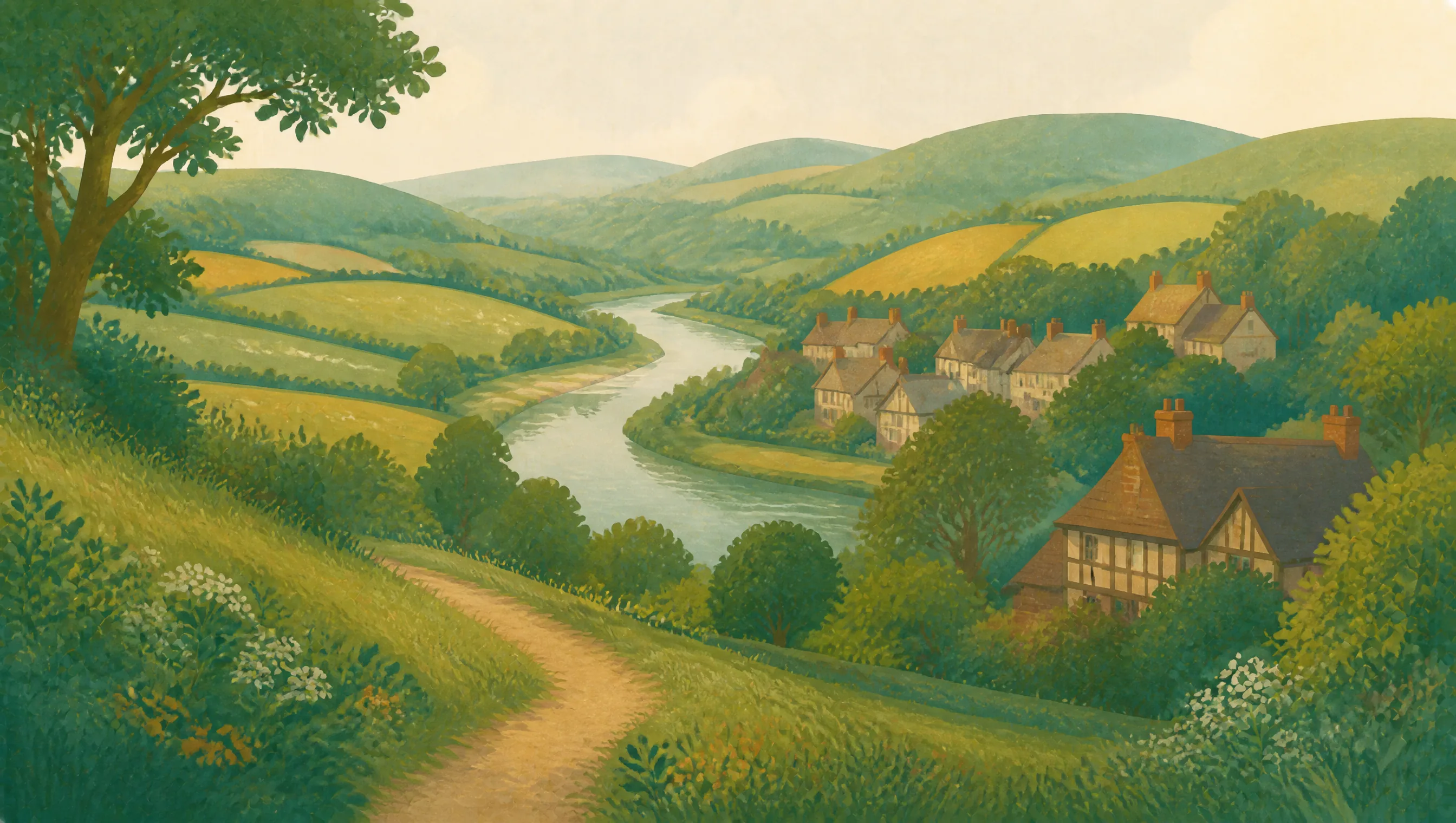 An illustrated Shropshire landscape with a winding river, timbered houses and green border hills.
