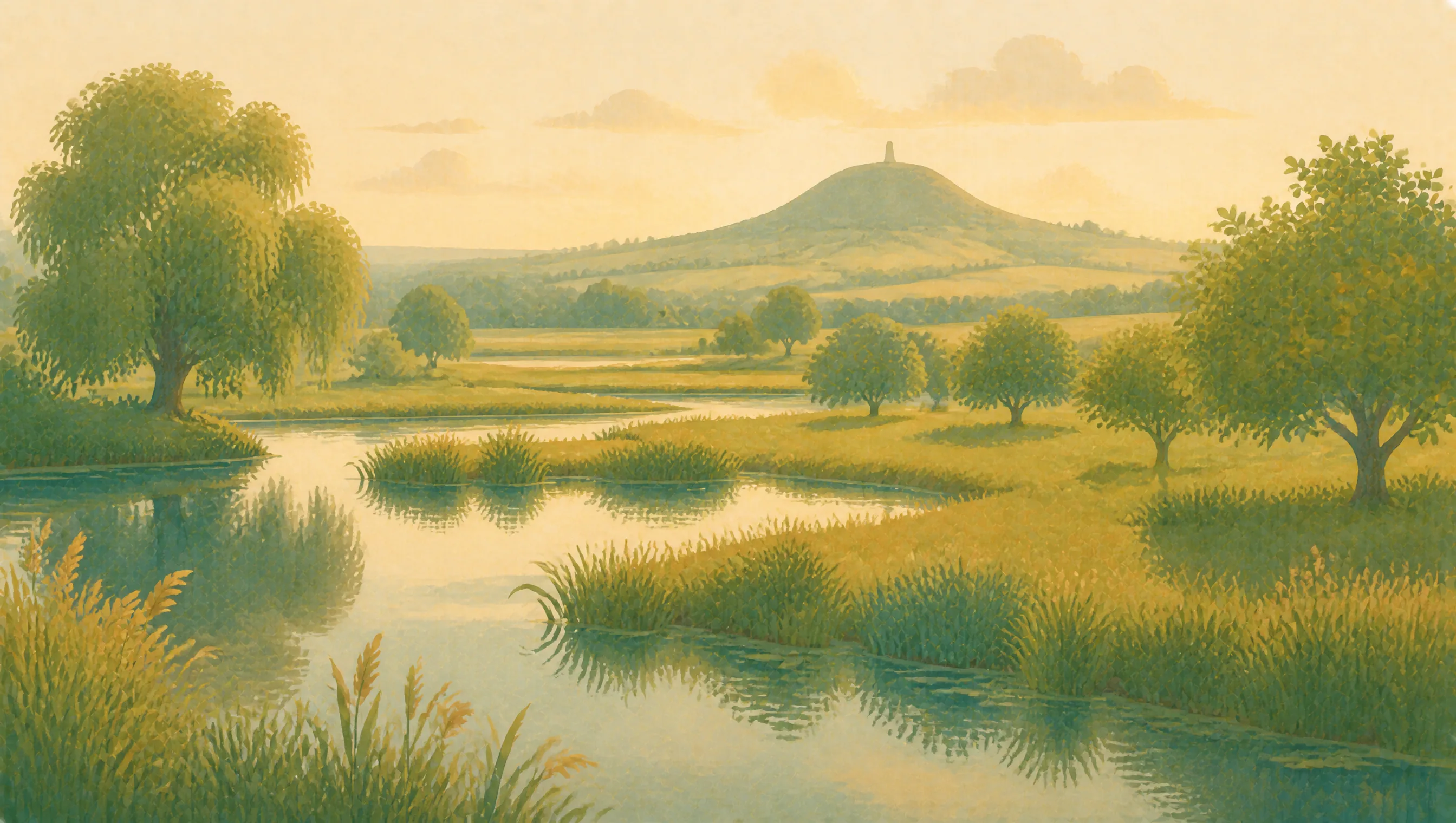 An illustrated Somerset Levels landscape with wetlands, willow trees and Glastonbury Tor in the distance.