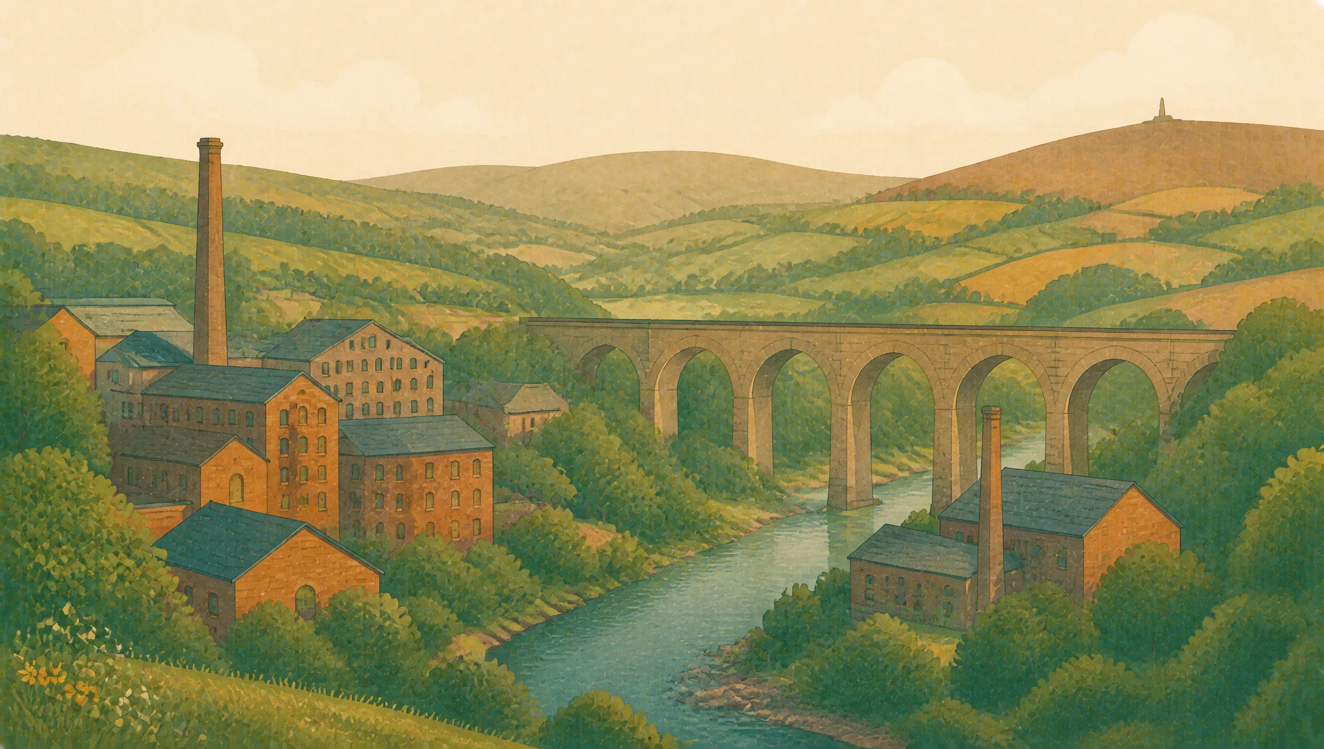 An illustrated South Yorkshire valley with red-brick works, a stone viaduct, river and green hills.