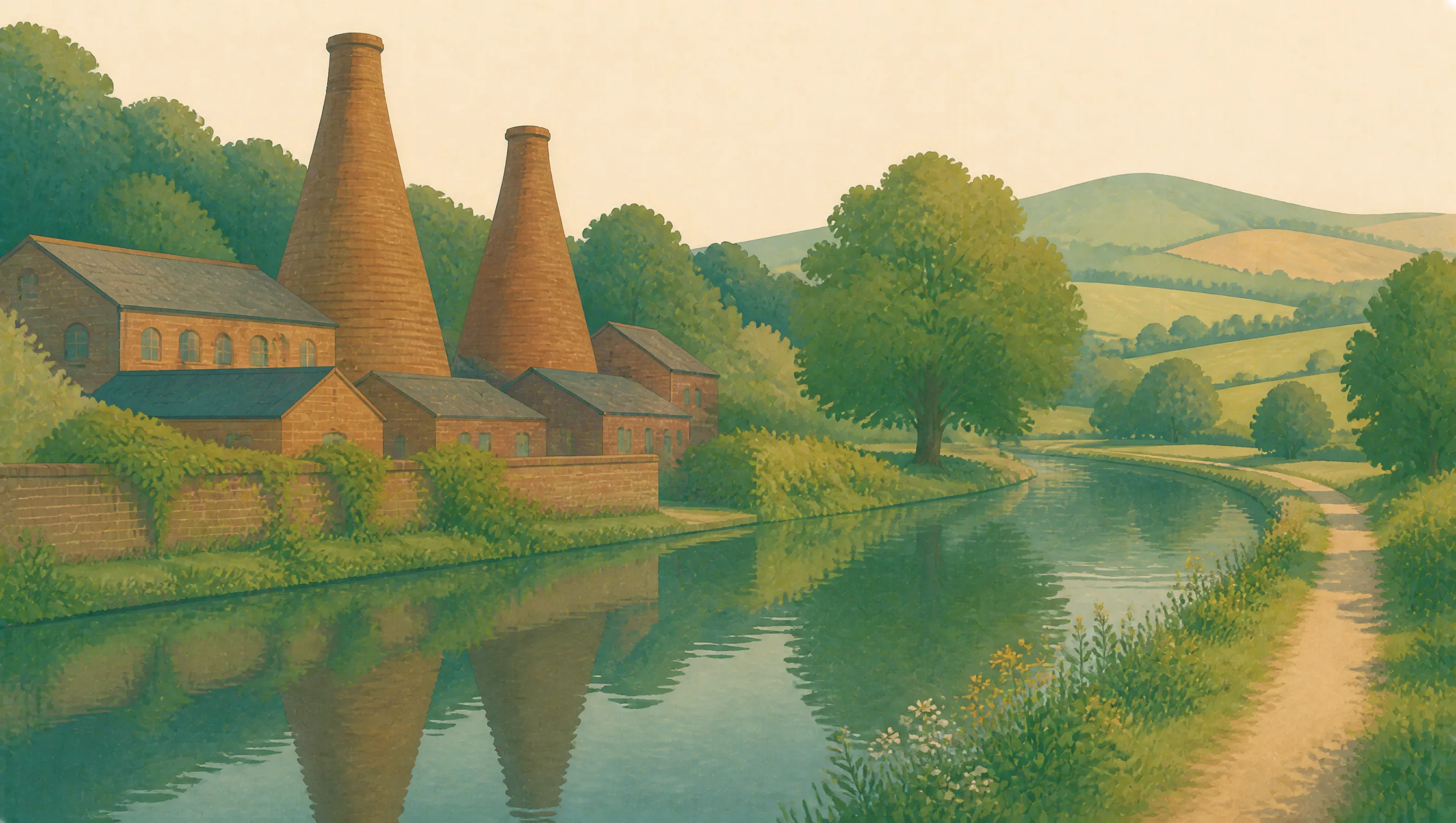 An illustrated Staffordshire canal beside bottle kilns, old brickworks, a towpath and rolling hills.