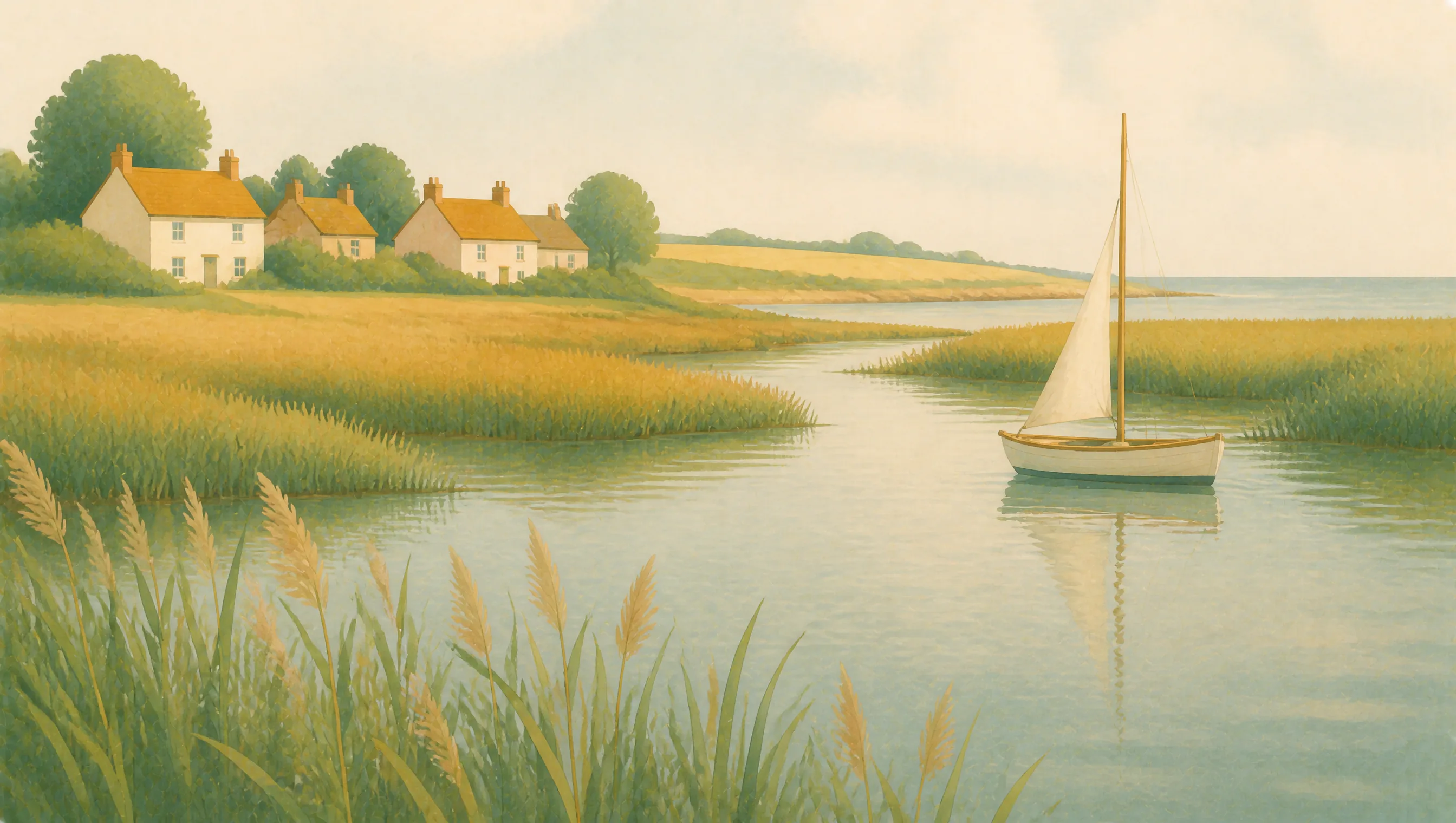 An illustrated Suffolk estuary with reedbeds, a sailing boat and pale cottages beside low farmland.