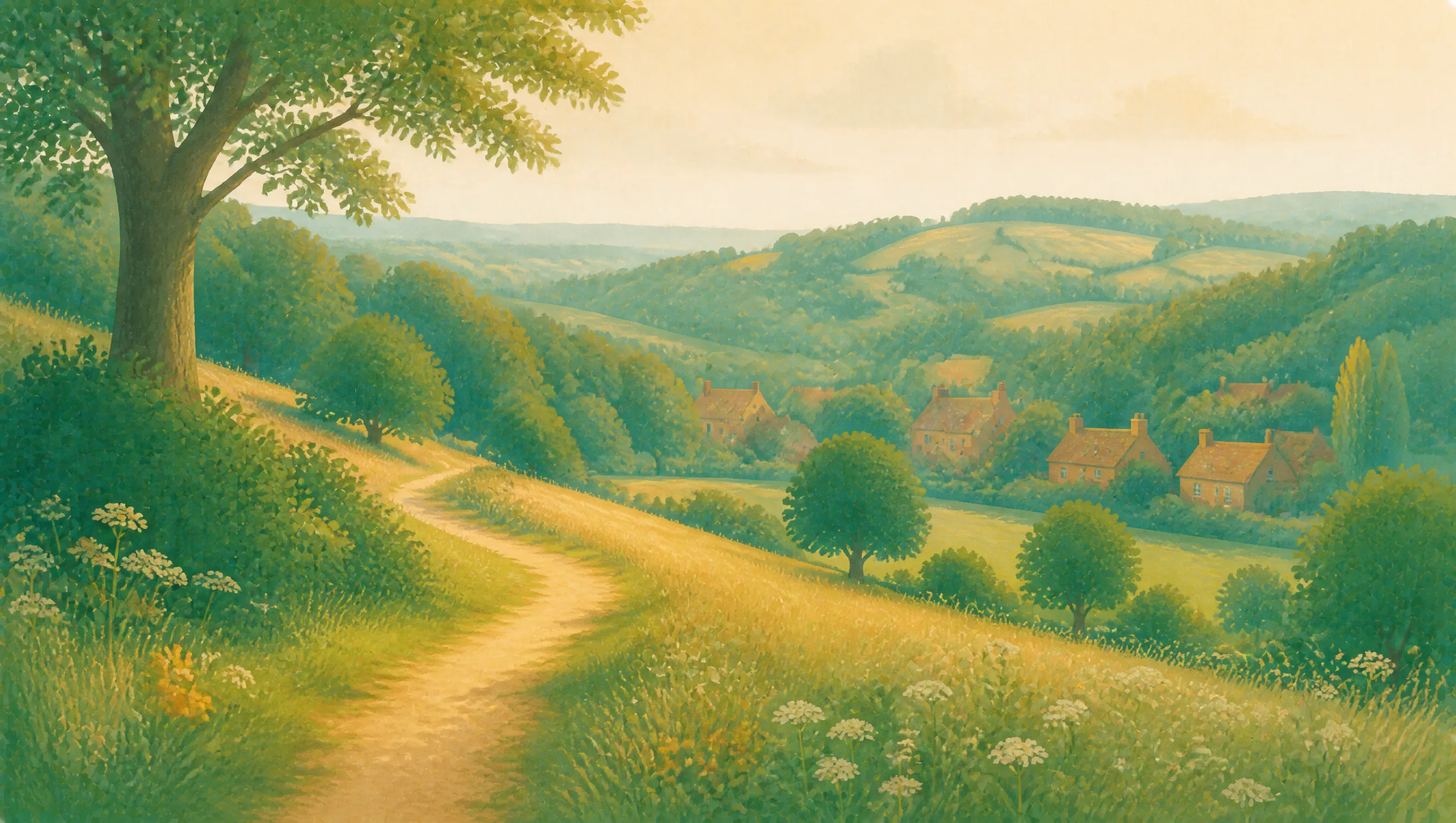A stylised Surrey landscape with wooded downs, a winding path and warm brick buildings in a valley.
