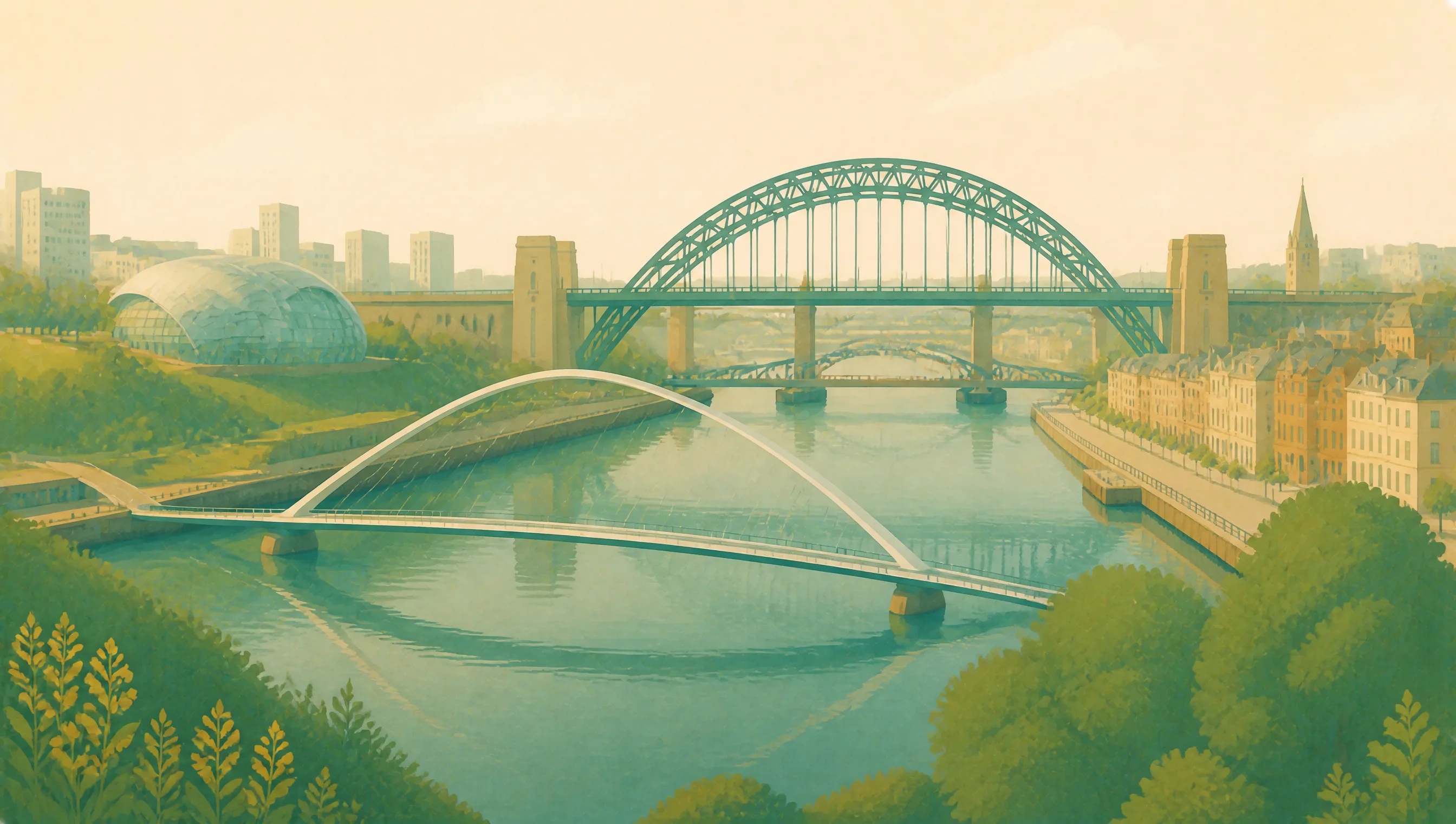 An illustrated Tyne and Wear riverscape with Newcastle and Gateshead bridges, quayside buildings and city landmarks.
