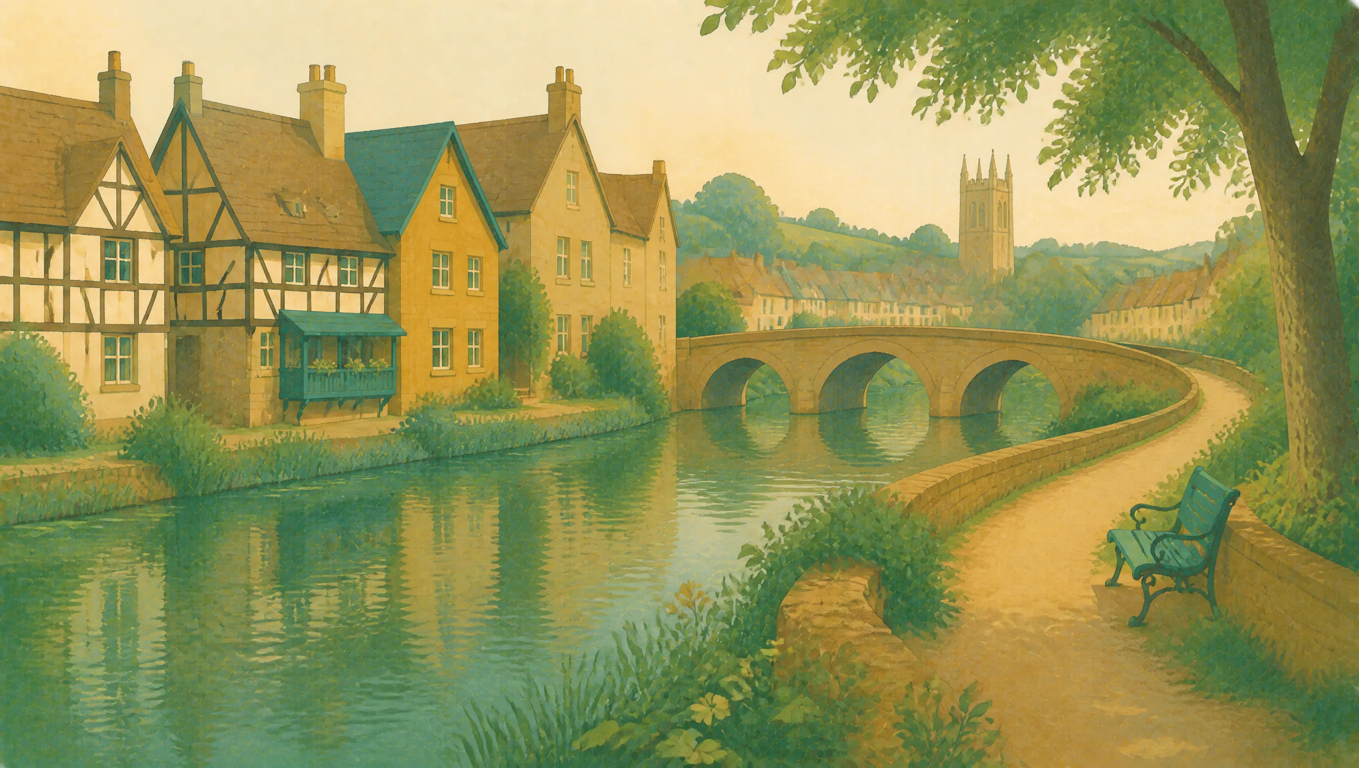An illustrated Warwickshire riverside with timbered houses, an old stone bridge, church tower and tree-lined path.
