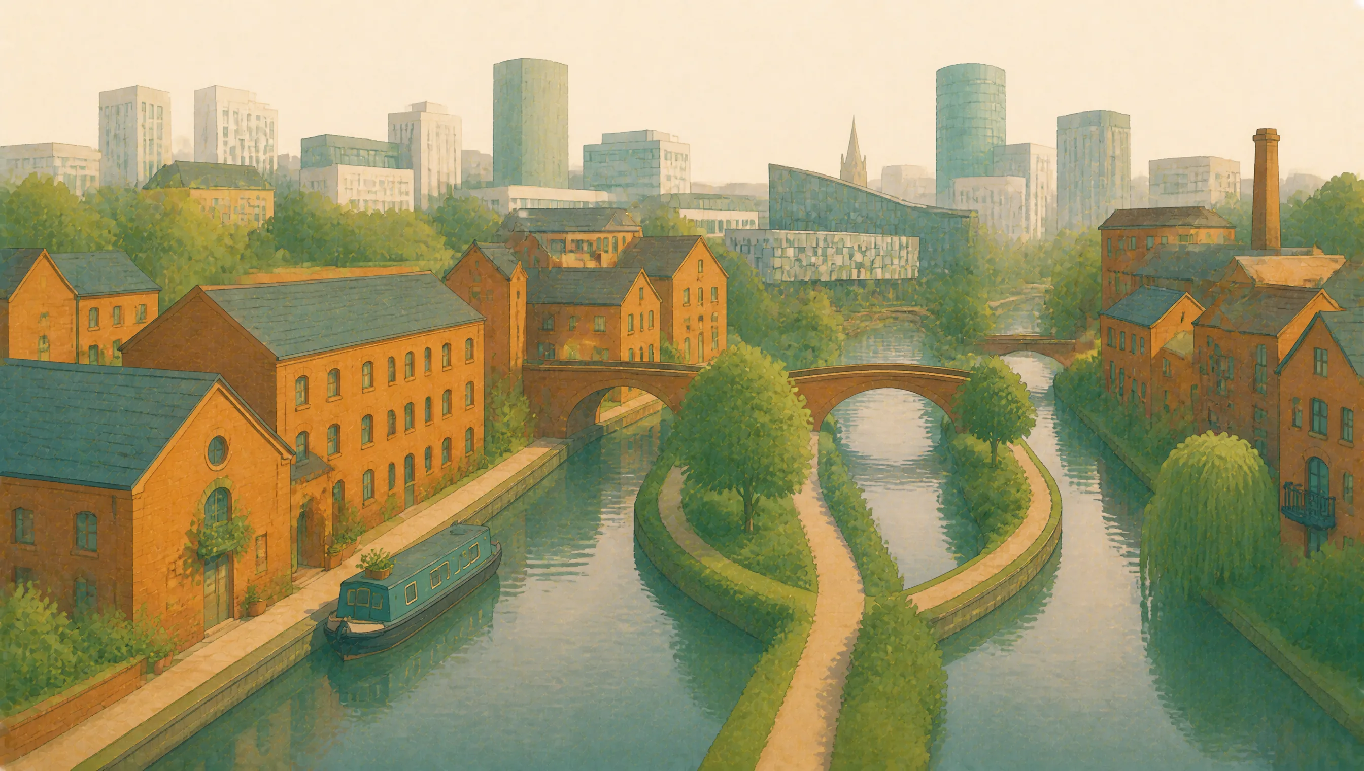 An illustrated West Midlands canal junction among red-brick warehouses, green towpaths and a modern skyline.