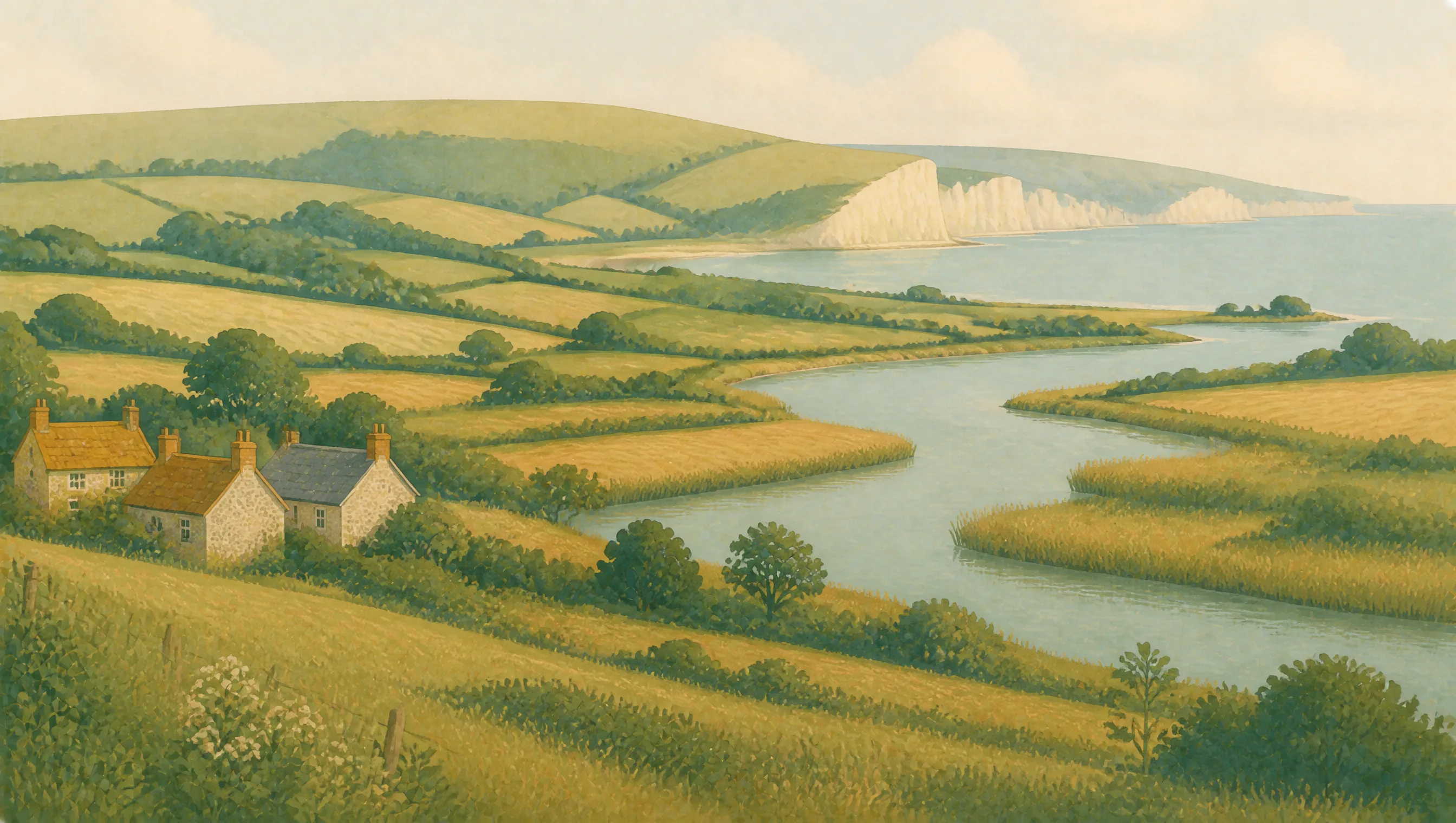 An illustrated West Sussex landscape of fields, wetlands, stone cottages and white coastal cliffs.