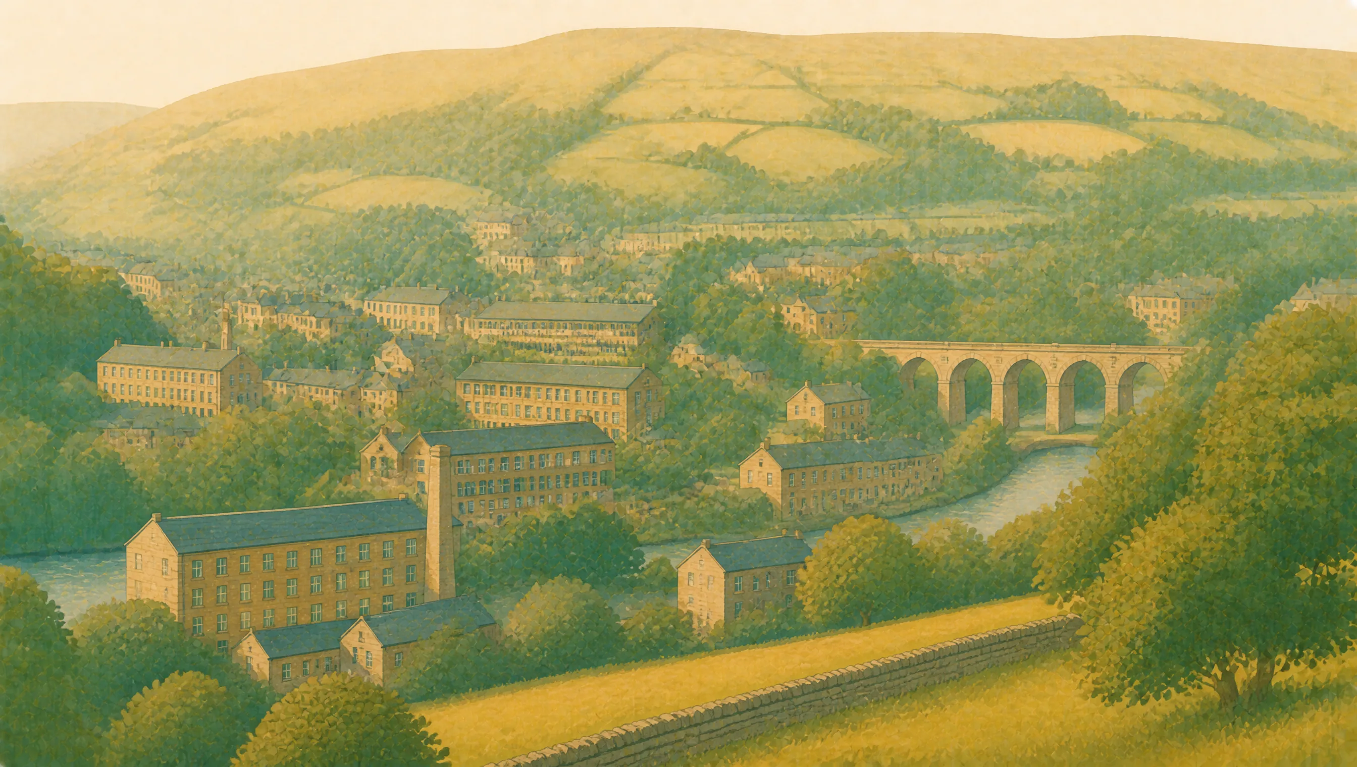 An illustrated West Yorkshire mill valley with stone buildings, a viaduct, wooded slopes and moorland hills.