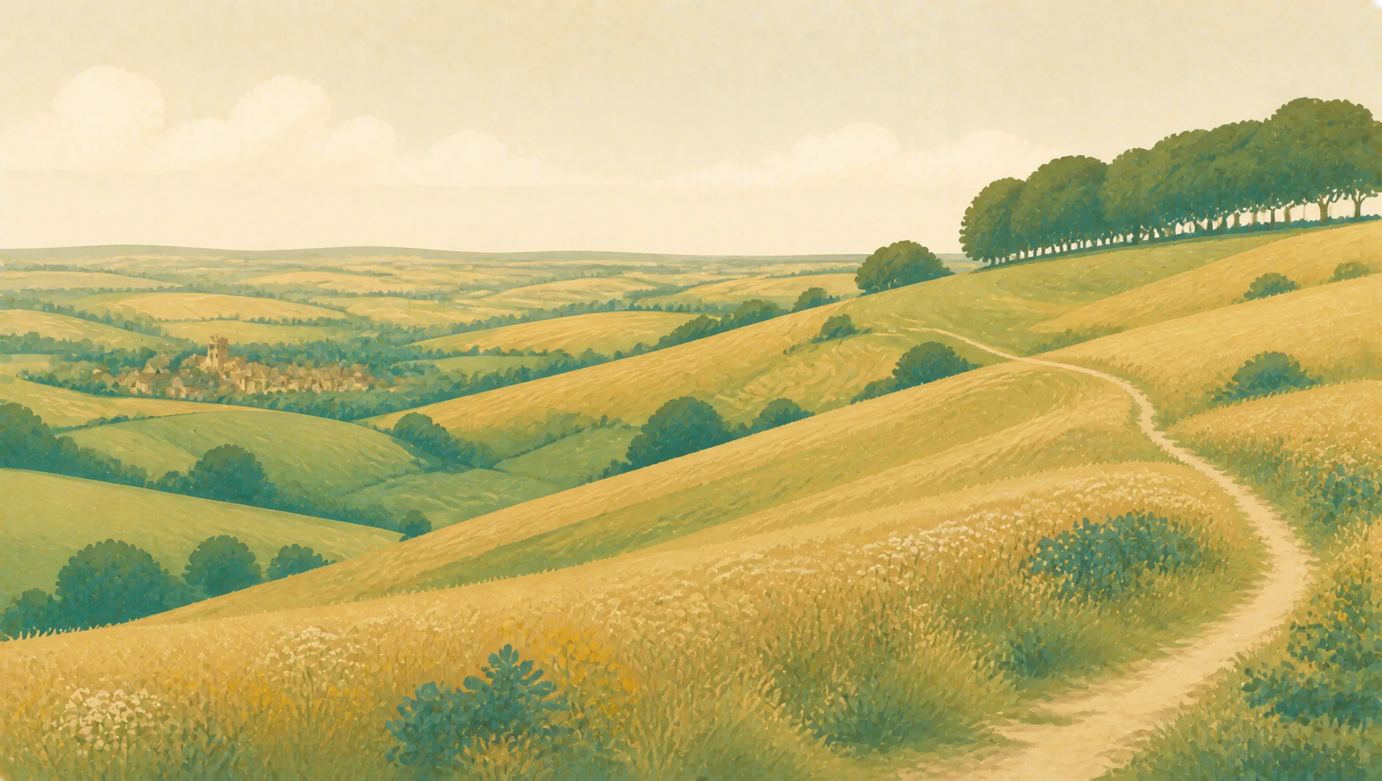An illustrated Wiltshire chalk-down landscape with sweeping fields, a ridge path and a line of beech trees.