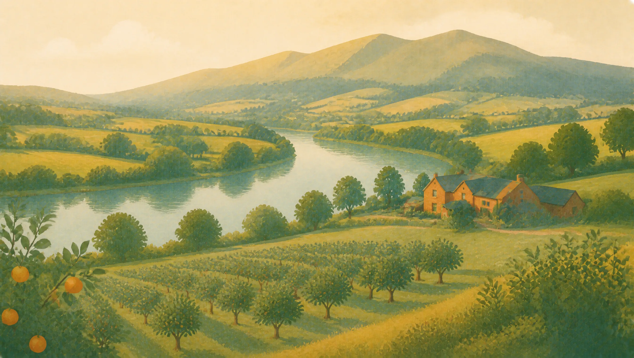 An illustrated Worcestershire landscape with orchards, a broad river, farm buildings and the Malvern Hills.
