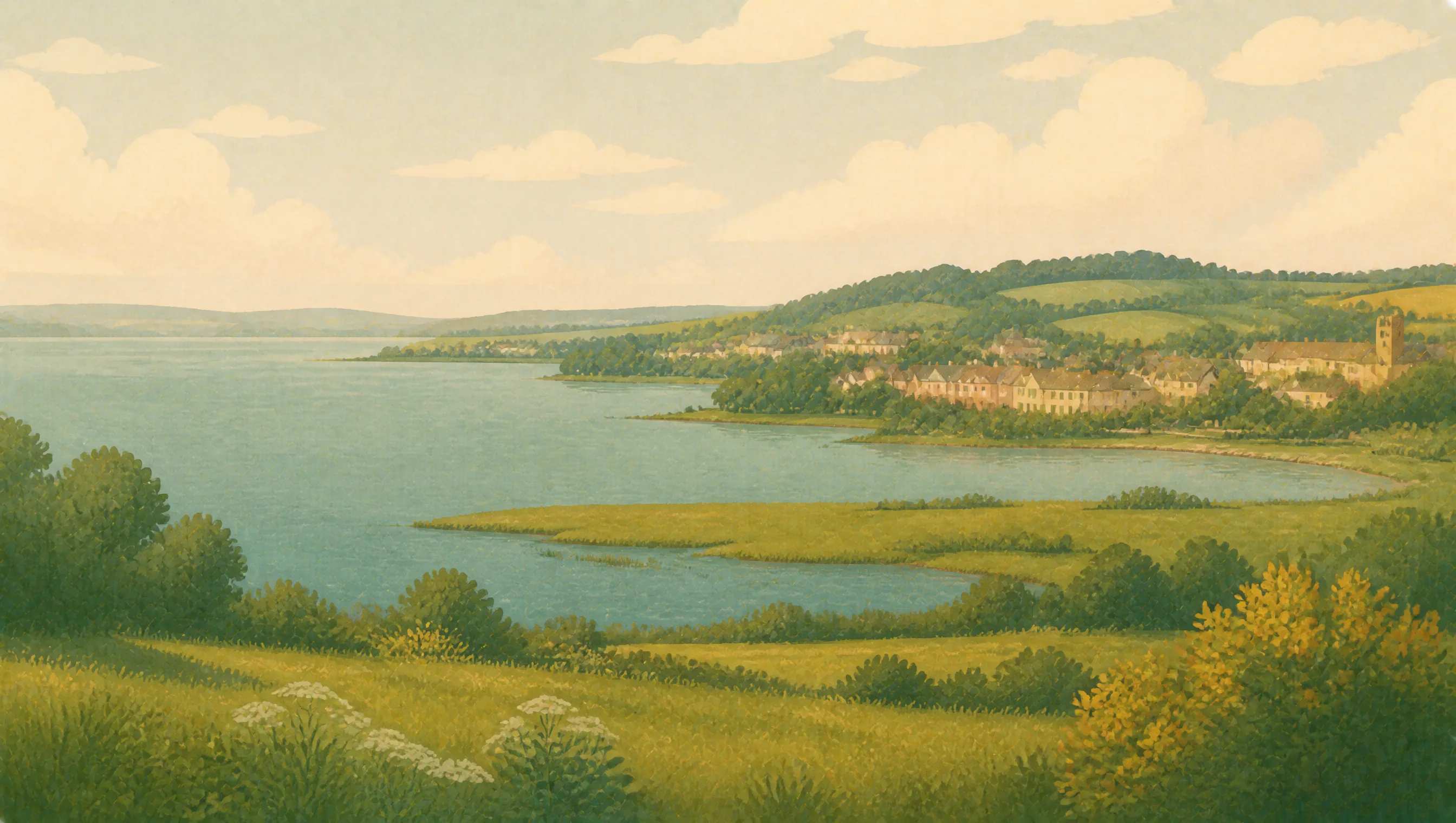 An illustrated Antrim and Newtownabbey landscape with Lough Neagh, wetlands, green fields and a lakeside town.