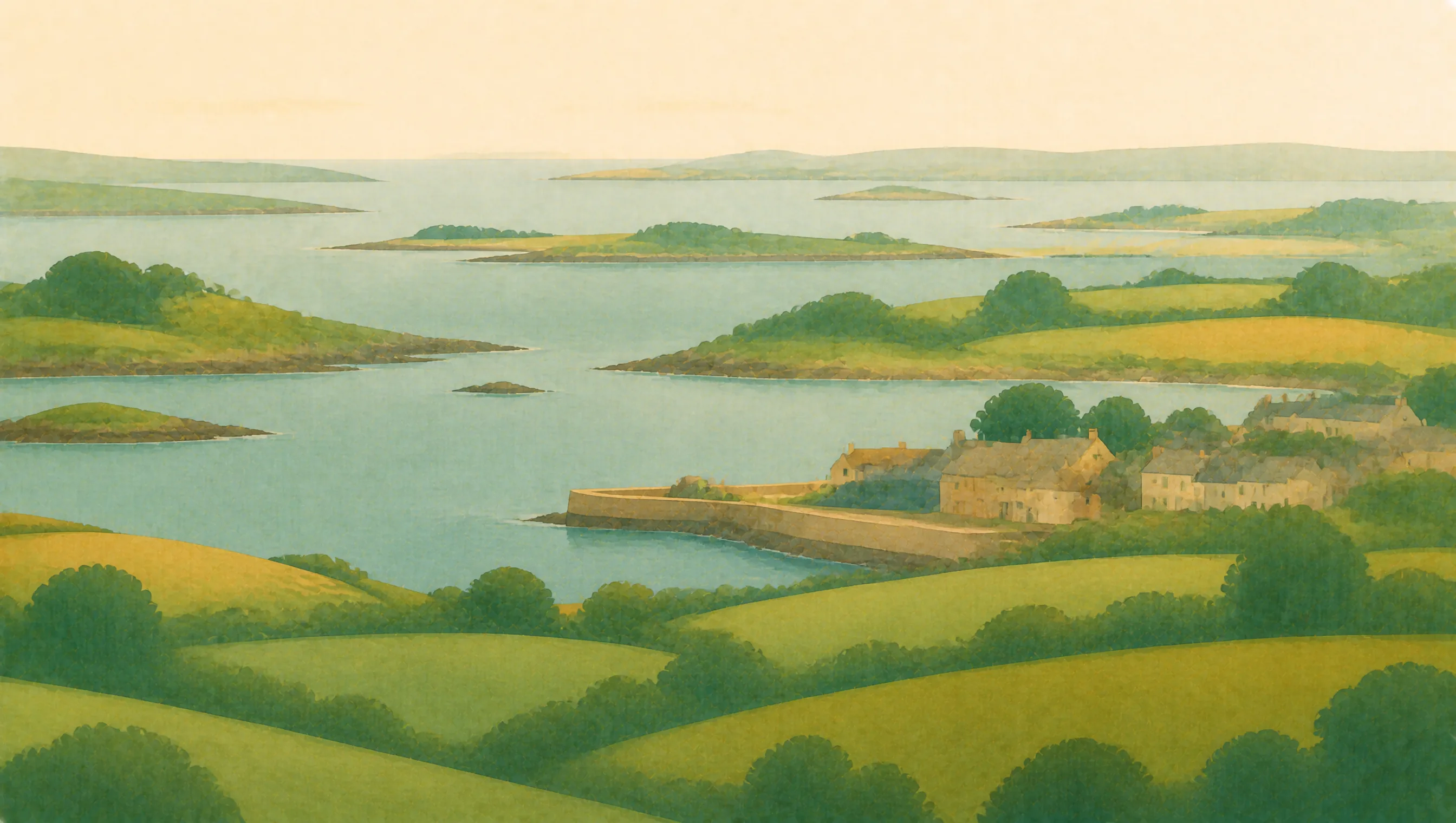 An illustrated Ards and North Down landscape with Strangford Lough, low islands, fields and a stone harbour village.