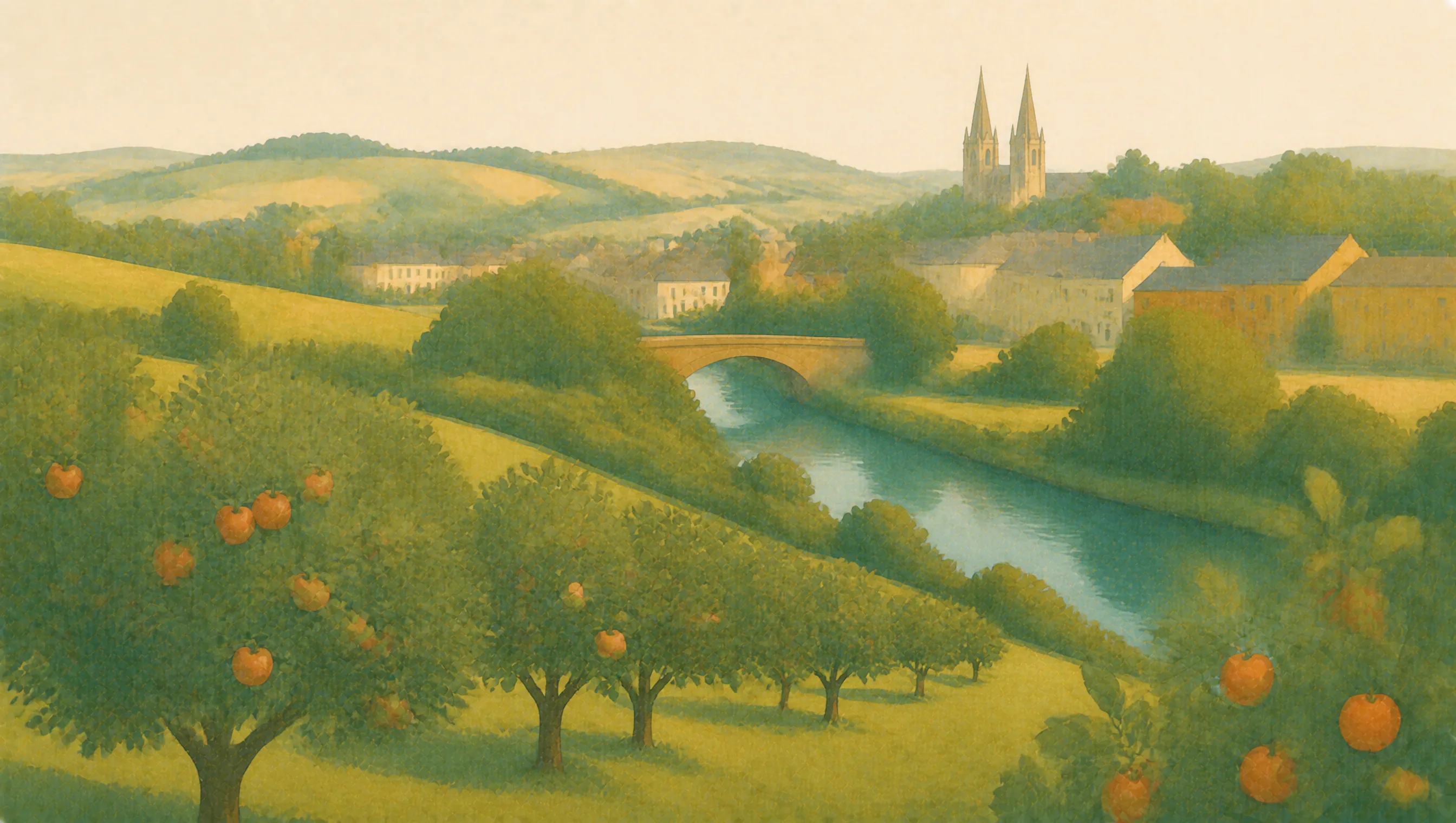 An illustrated Armagh, Banbridge and Craigavon landscape with orchards, river, stone buildings and cathedral spires.