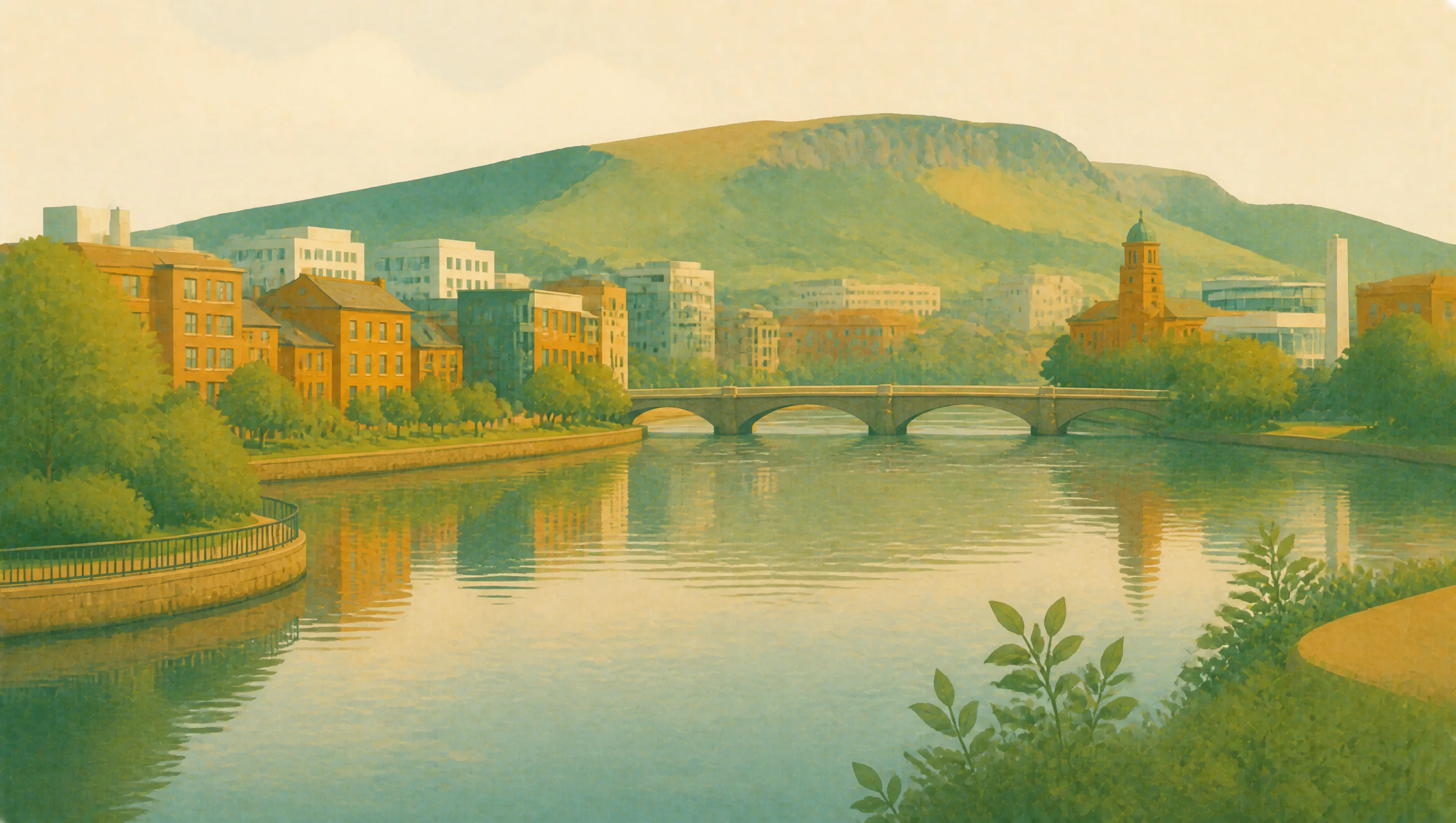 An illustrated Belfast riverscape with bridges, red-brick and modern buildings and Cave Hill behind the city.