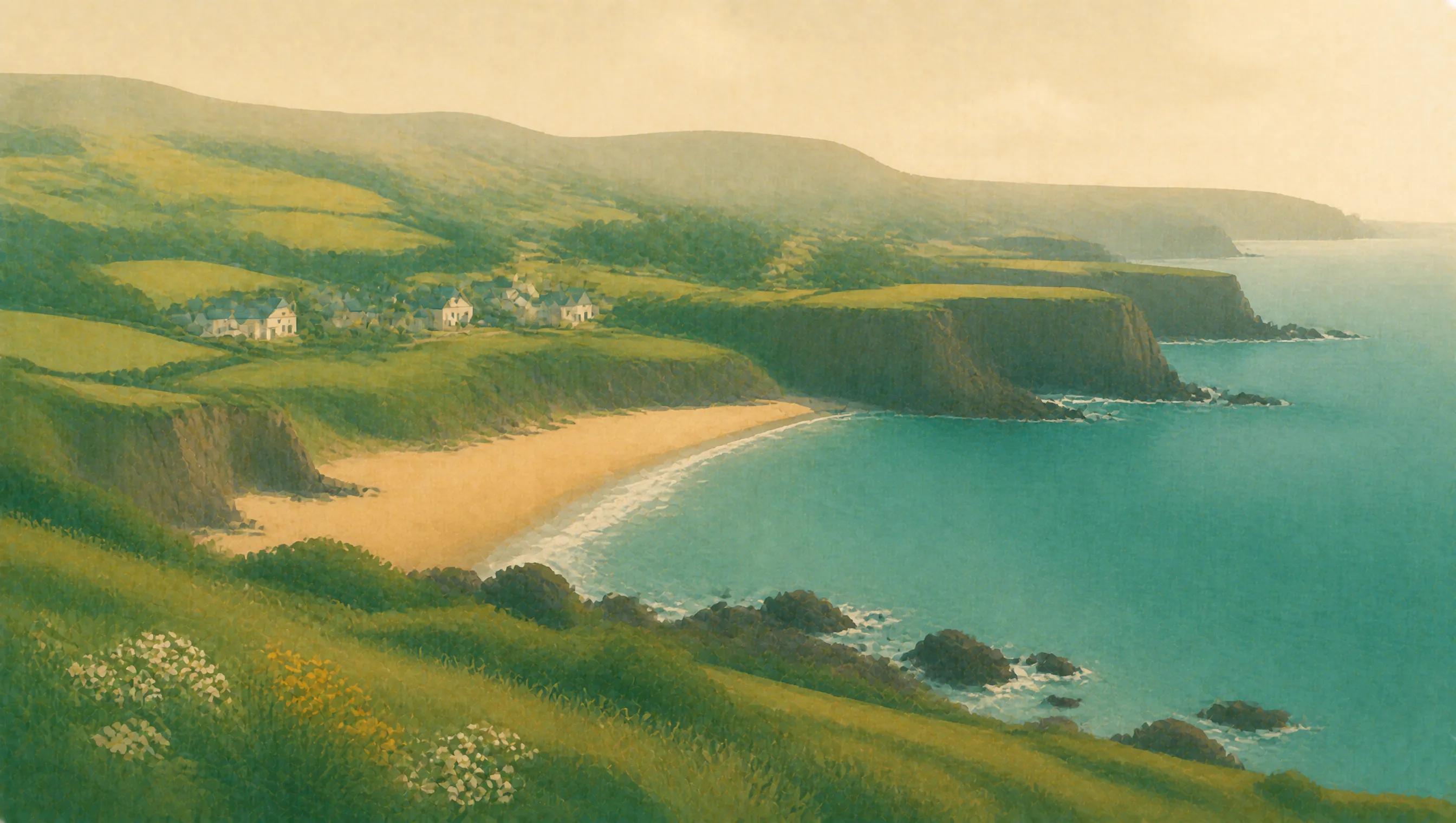 An illustrated Causeway Coast and Glens landscape with a sandy cove, high sea cliffs and scattered white cottages.