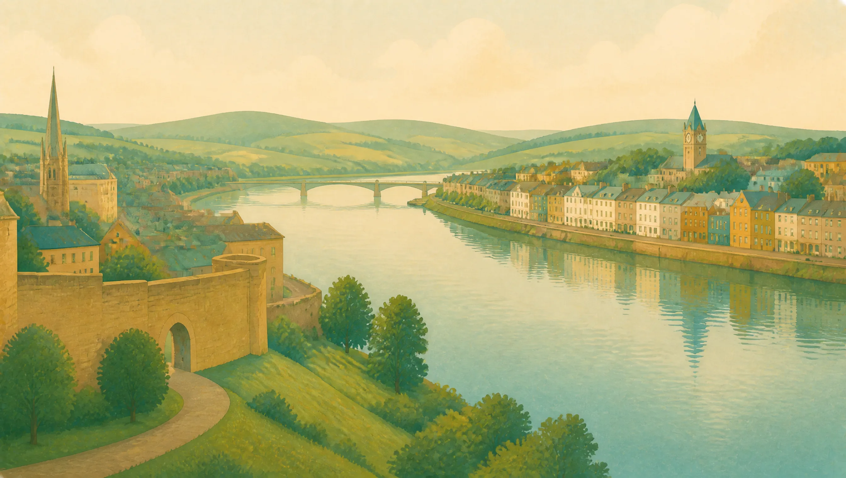 An illustrated Derry City and Strabane riverscape with city walls, church spires, riverside buildings and green hills.