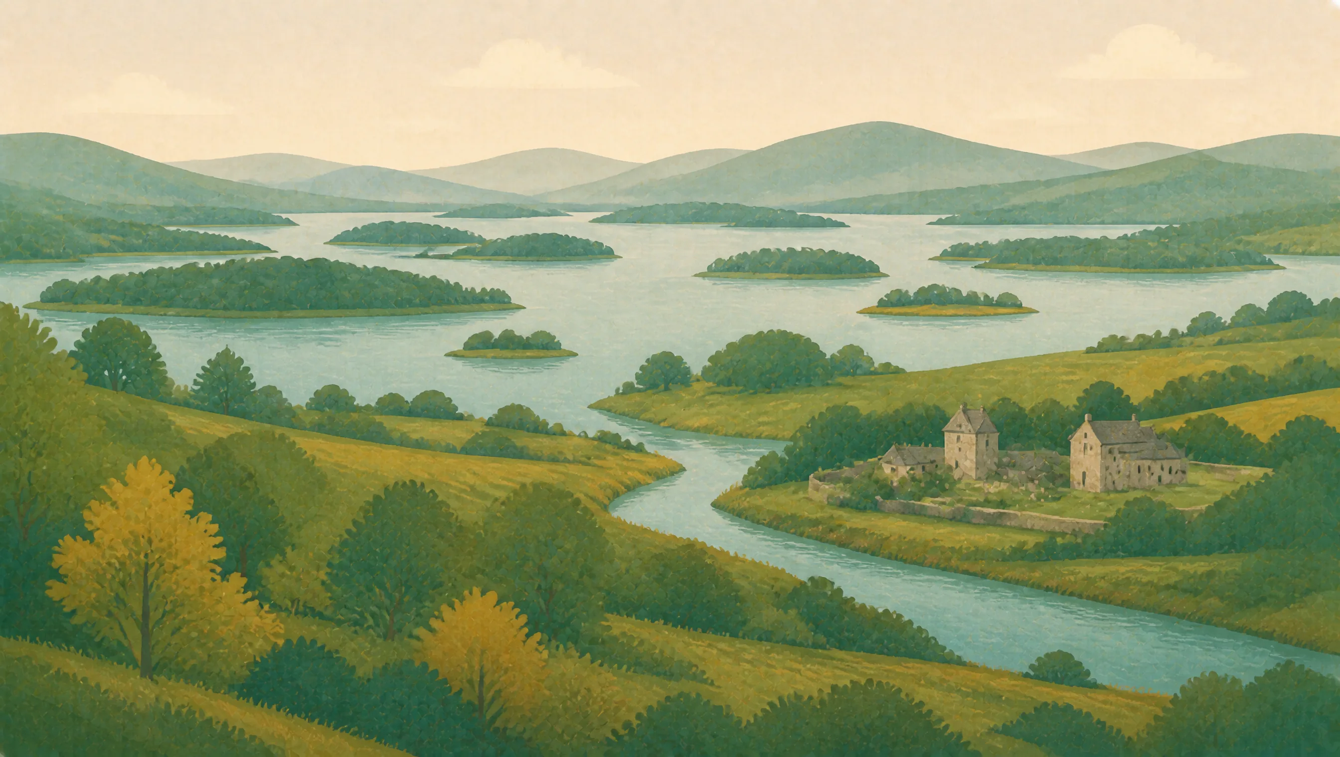 An illustrated Fermanagh and Omagh landscape with wooded islands, broad lough water, green fields and stone farm buildings.