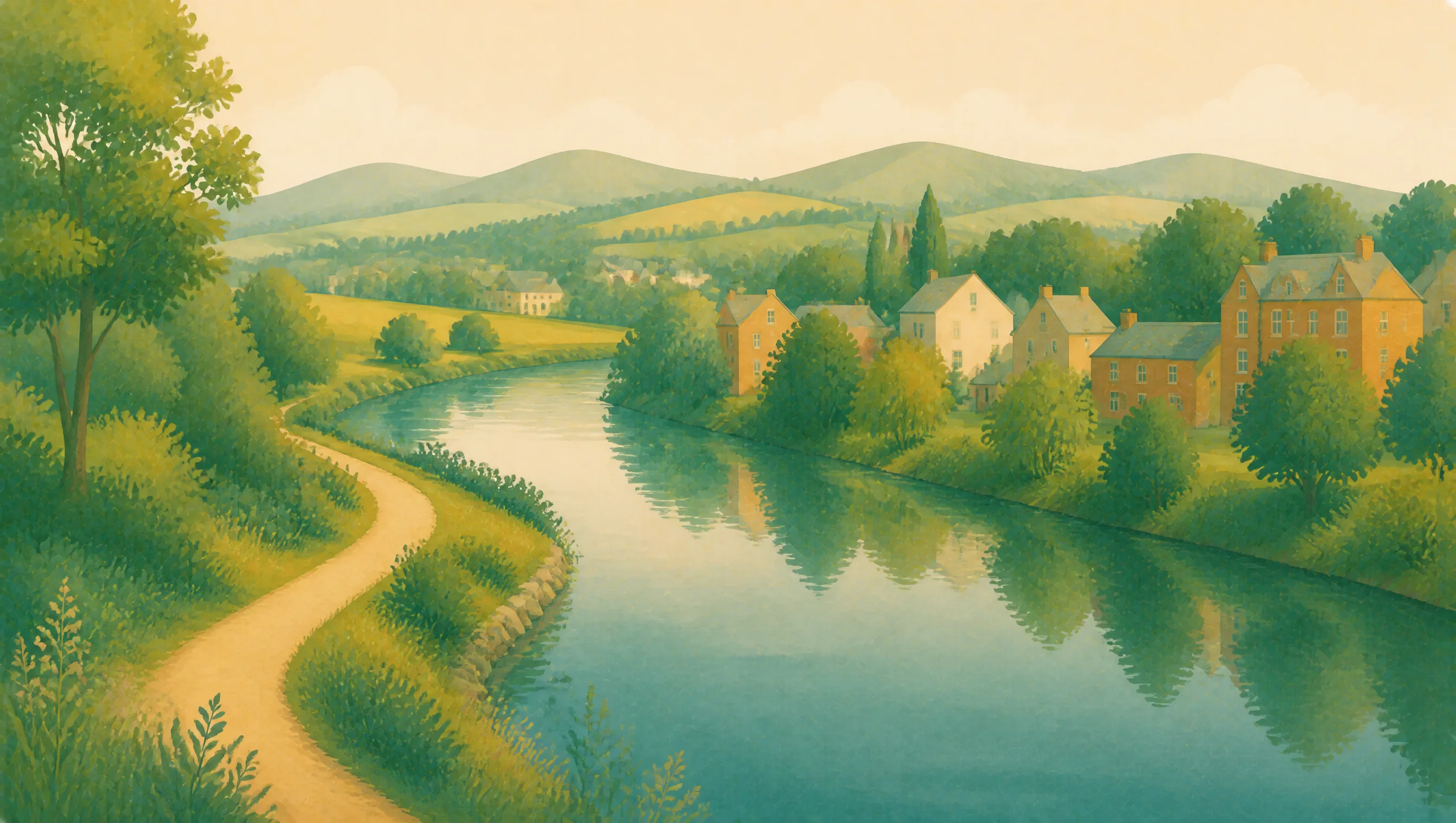An illustrated Lisburn and Castlereagh riverside with a green path, mature trees, stone buildings and low hills.
