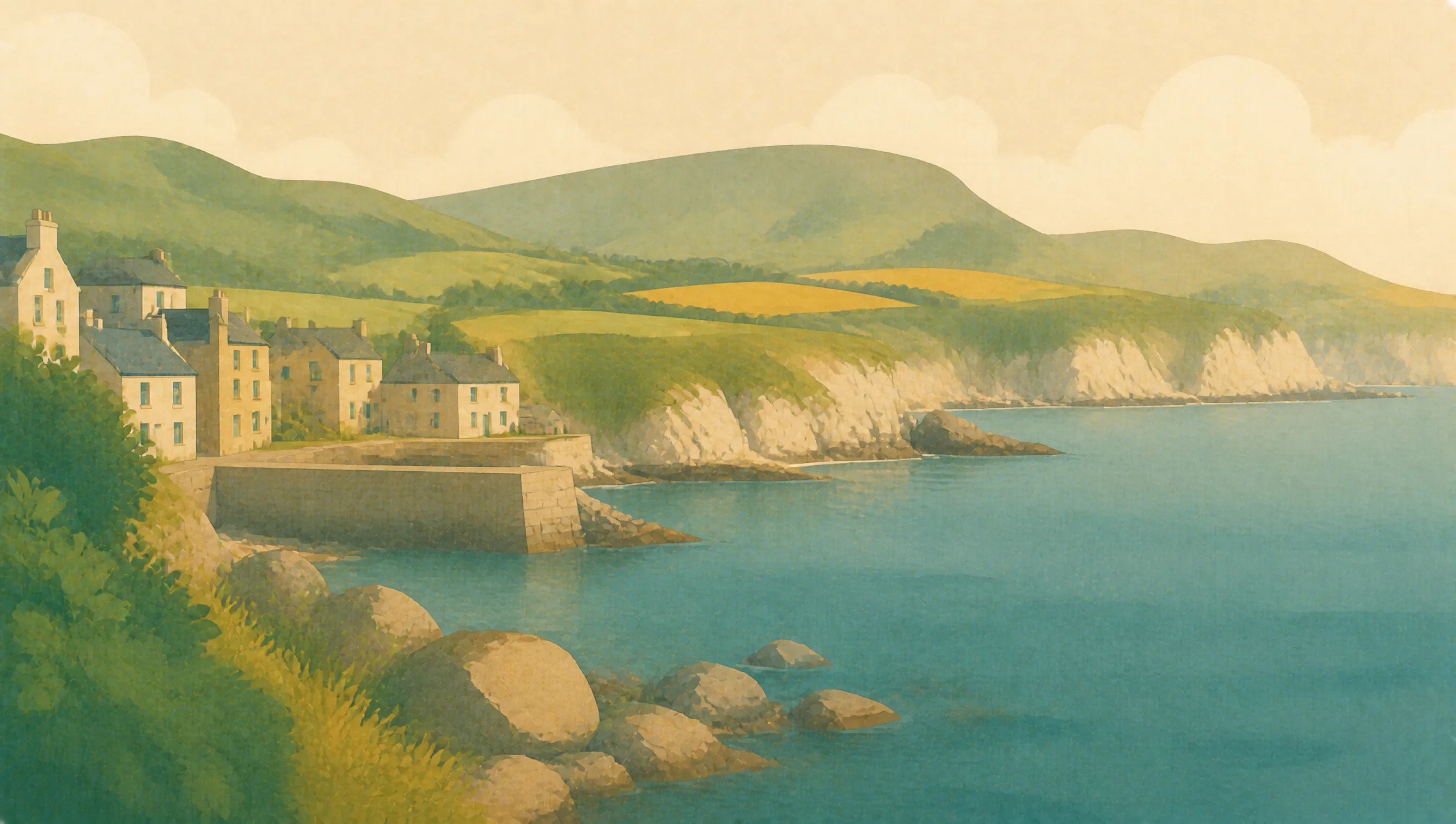 An illustrated Mid and East Antrim coast with a stone harbour town, white cliffs and green uplands.