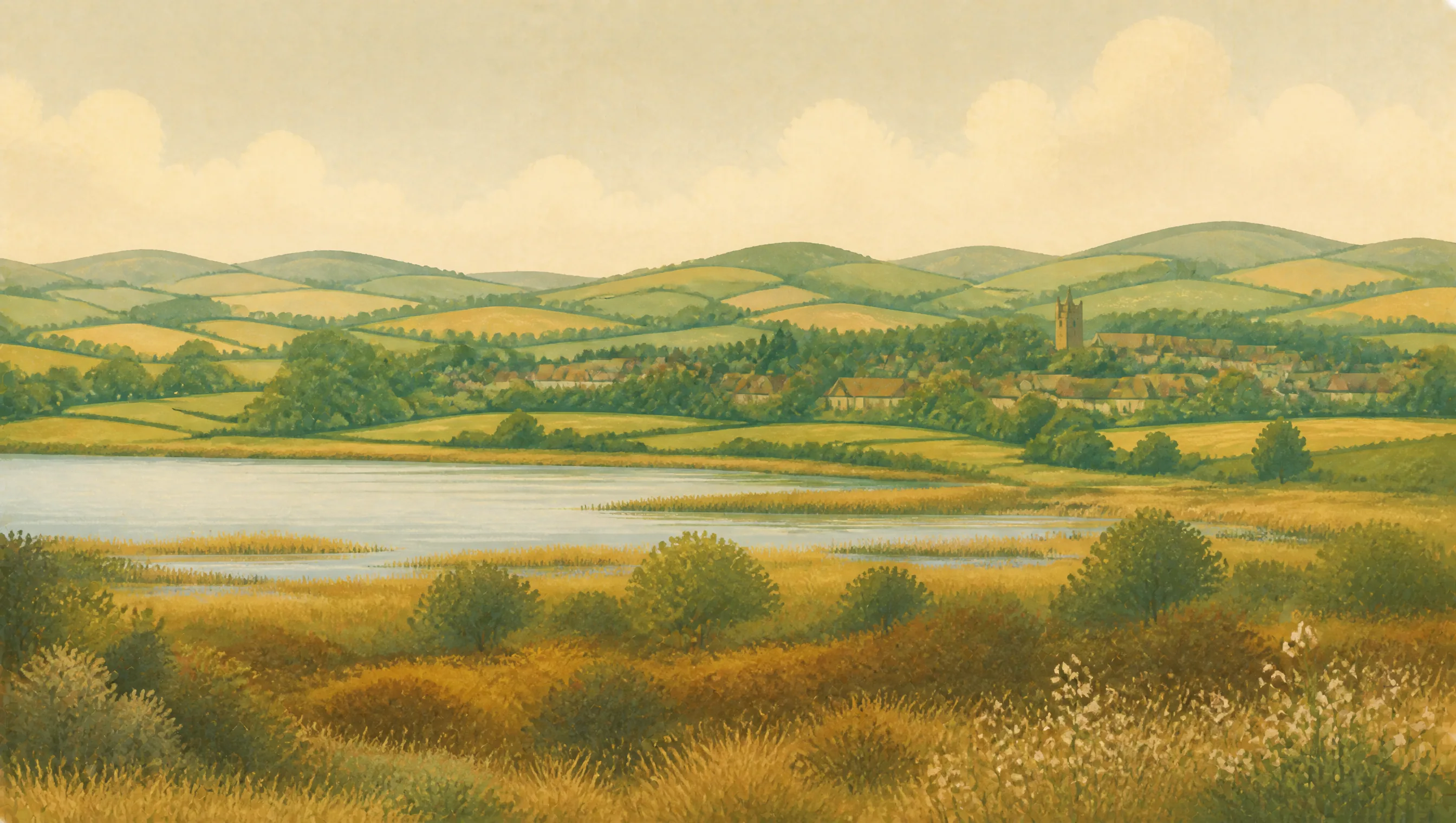 An illustrated Mid Ulster landscape with Lough Neagh wetlands, rounded drumlins and a small stone town.