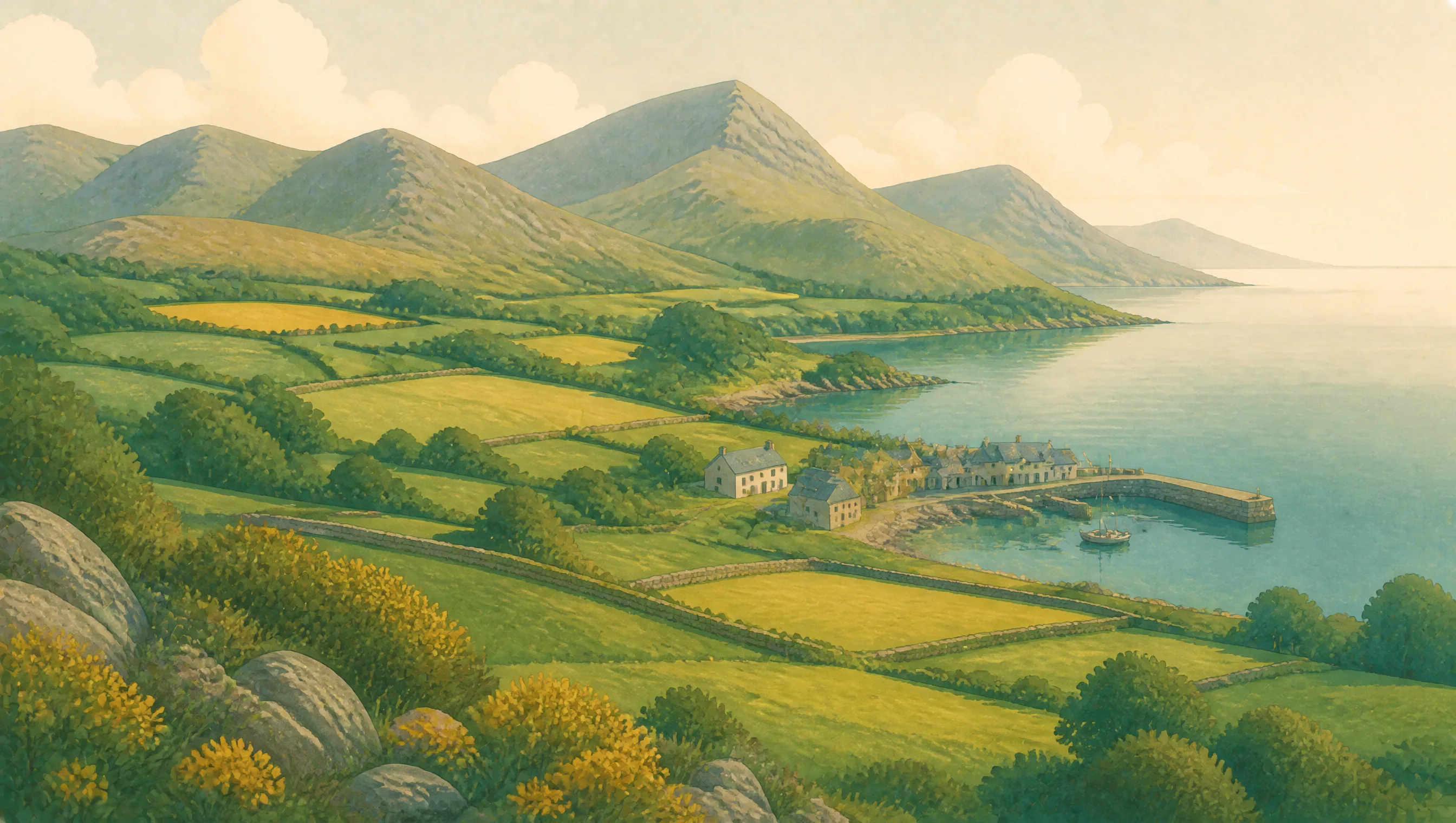 An illustrated Newry, Mourne and Down landscape with high mountains, green fields and a small harbour beside the sea.