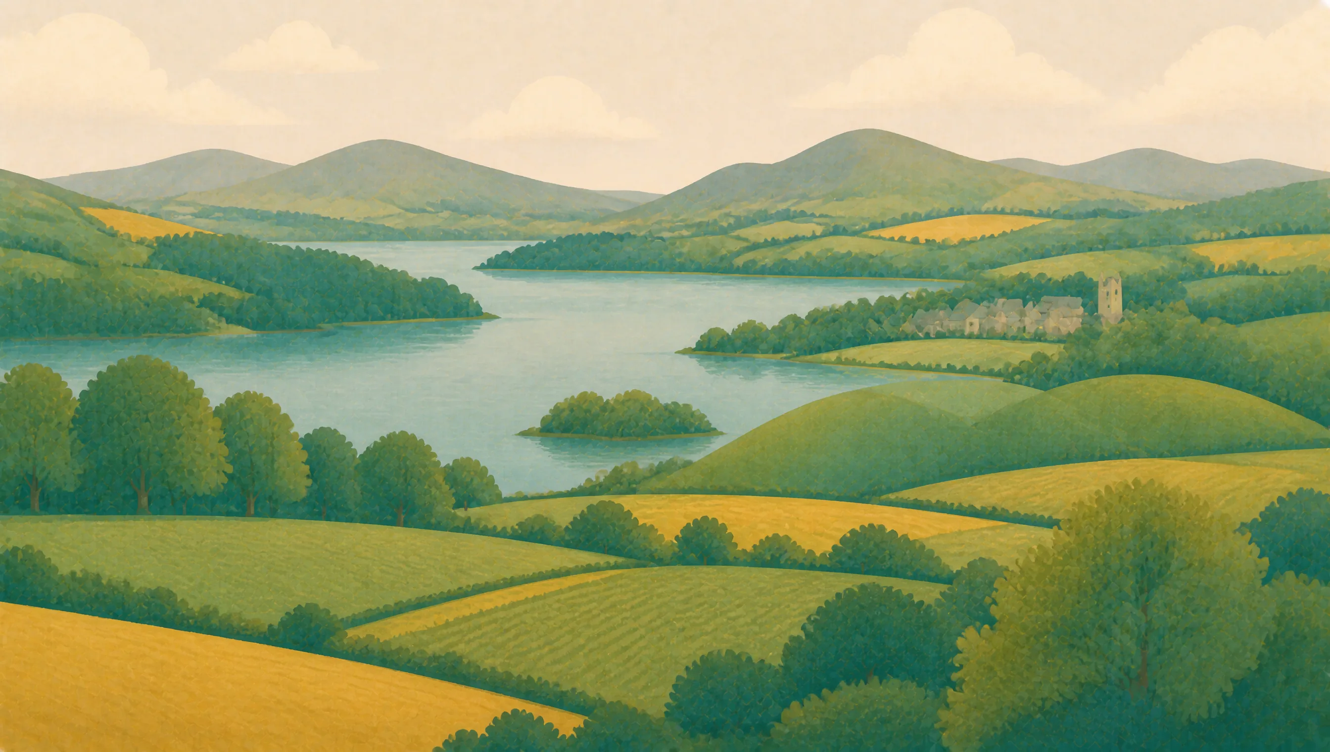 A warm illustrated Northern Irish landscape of a lough, green drumlins, wooded islands and a small settlement.