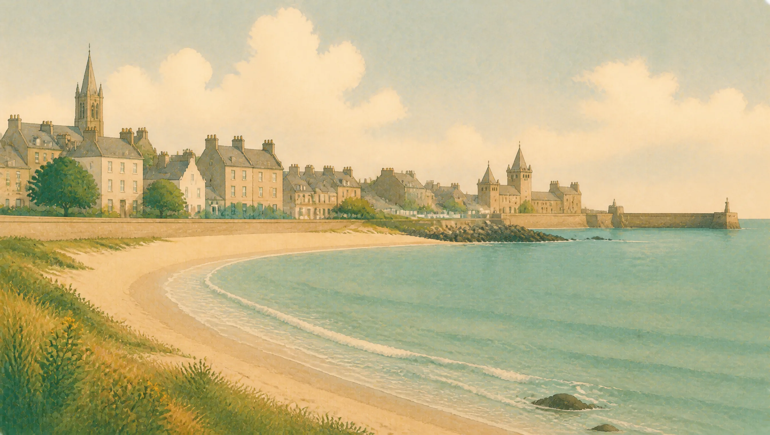 An illustrated Aberdeen coastline with a sandy bay, pale granite buildings, church spires and harbour walls.