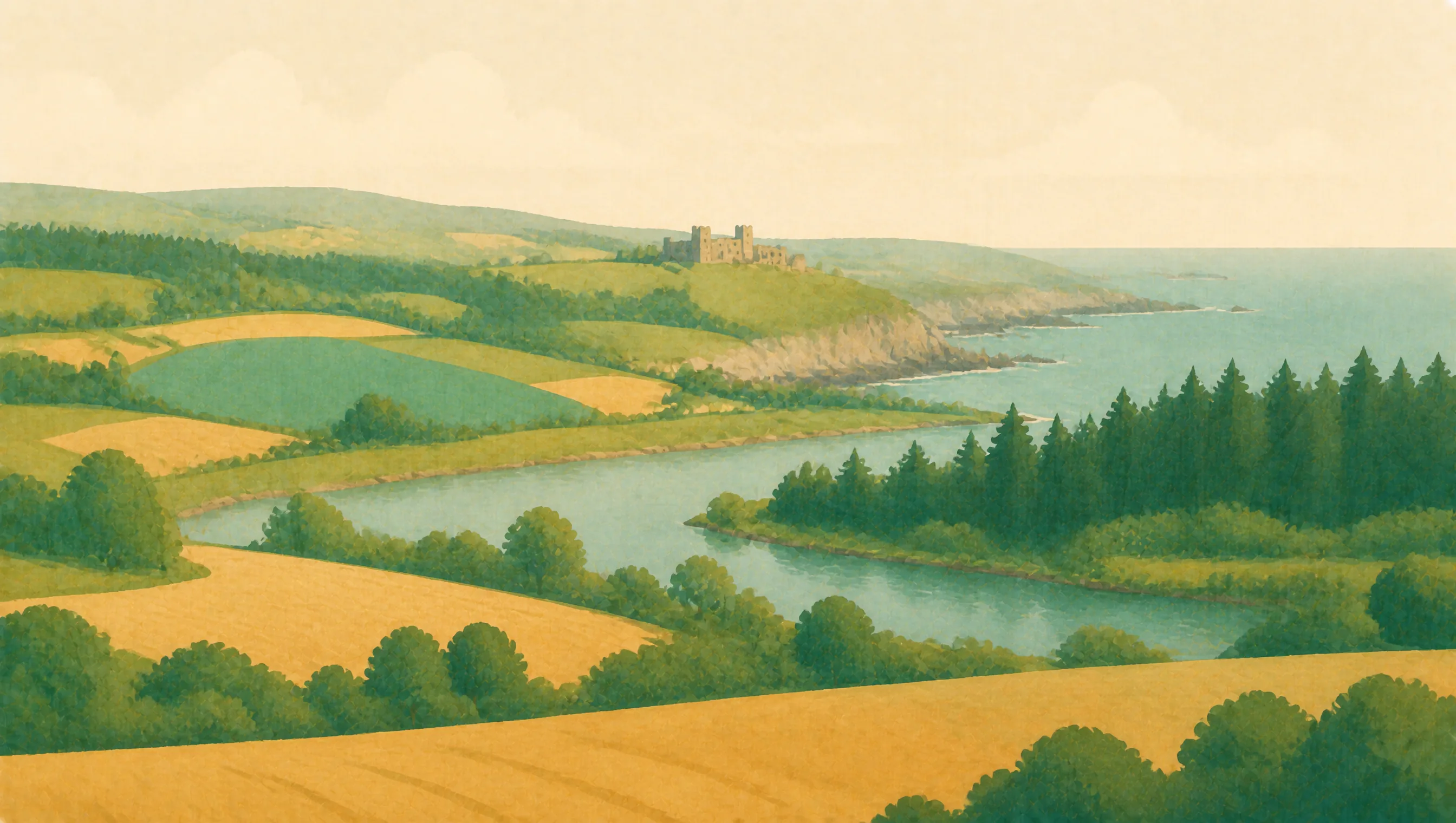 An illustrated Aberdeenshire coast with patchwork fields, a sheltered inlet, dark woodland and a distant castle.