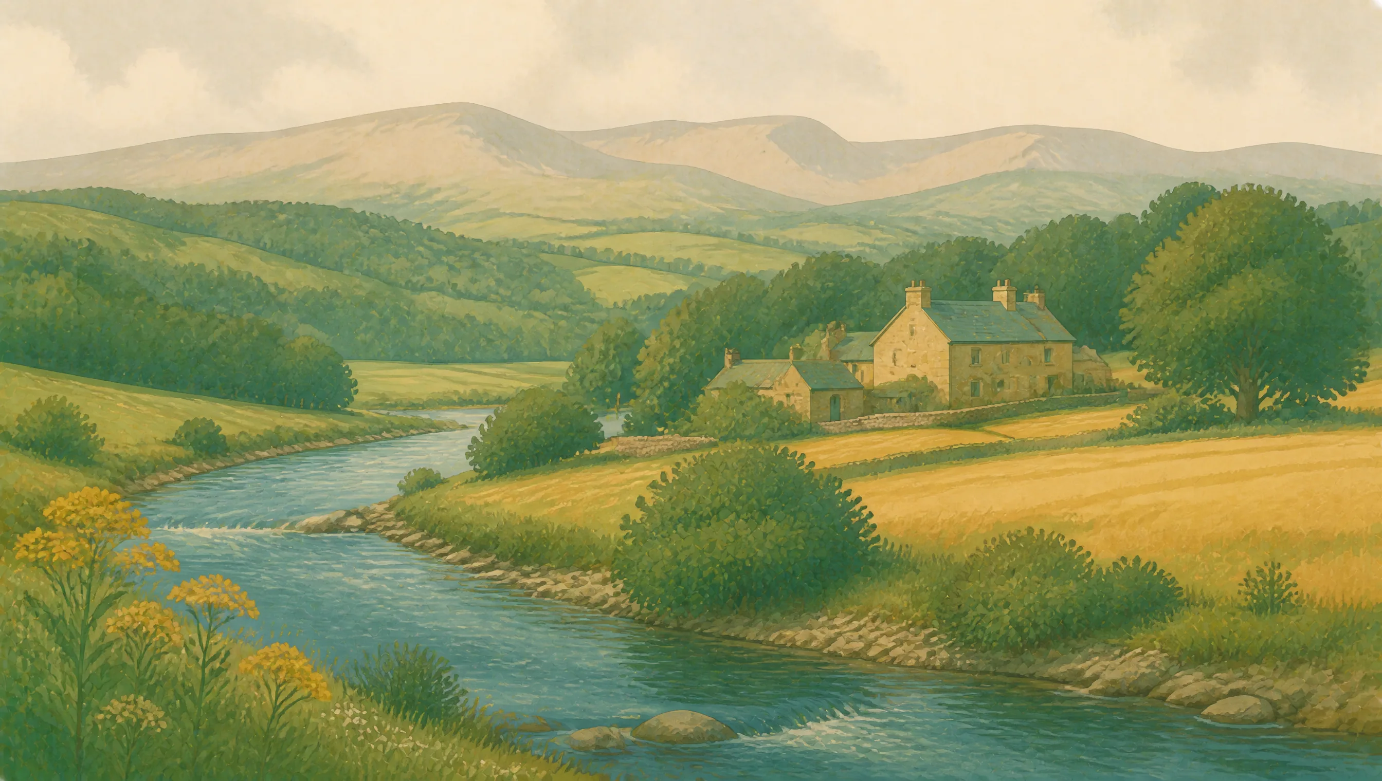 An illustrated Angus landscape with a clear river, stone farmstead, green fields and the Grampian hills.