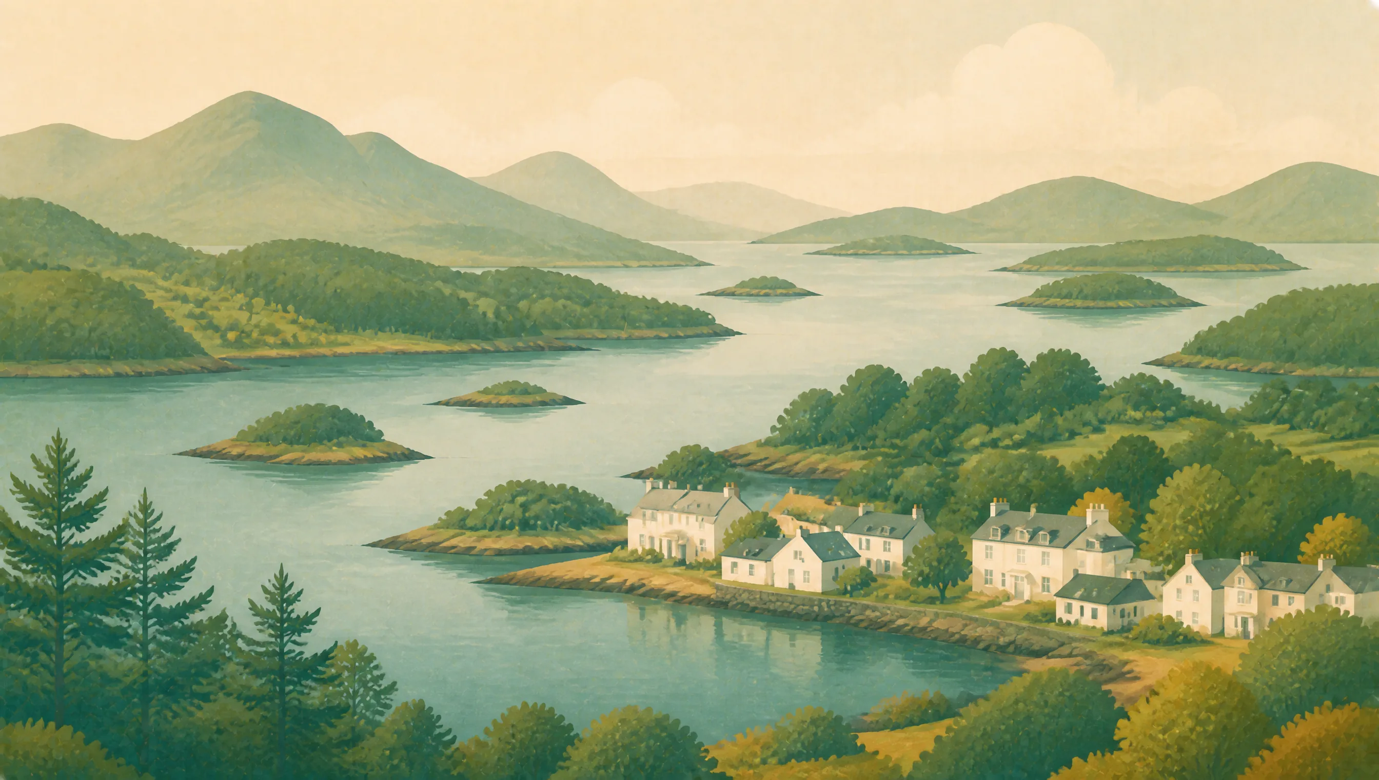 An illustrated Argyll and Bute seascape with wooded islands, white cottages, mountains and sheltered water.