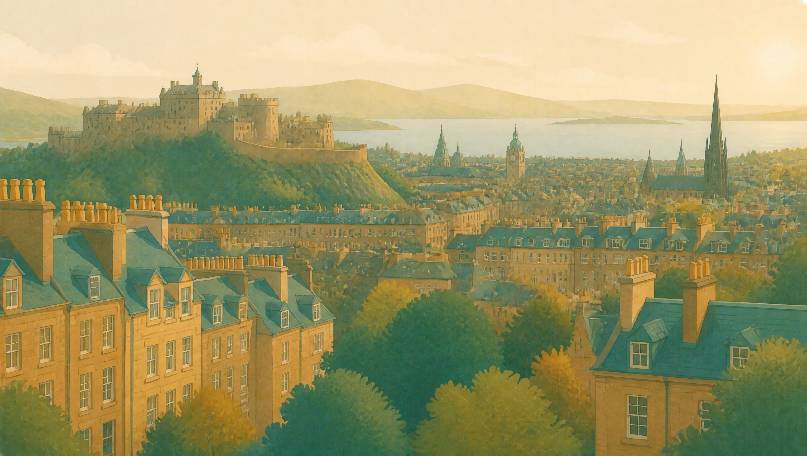 An illustrated Edinburgh cityscape of stone terraces, church spires and the castle above the Firth of Forth.