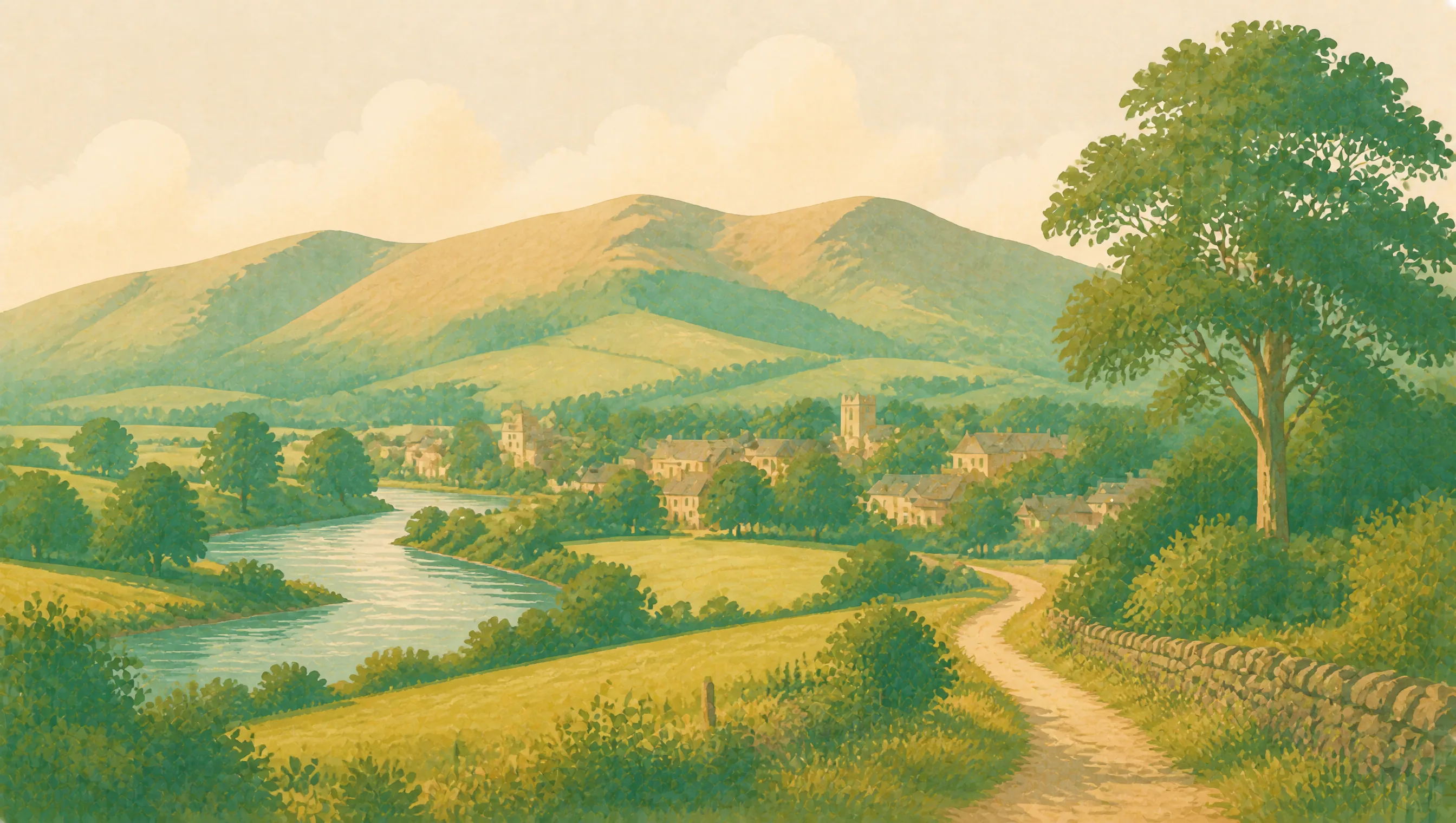 An illustrated Clackmannanshire landscape with the River Devon, a small town, fields and the Ochil Hills.