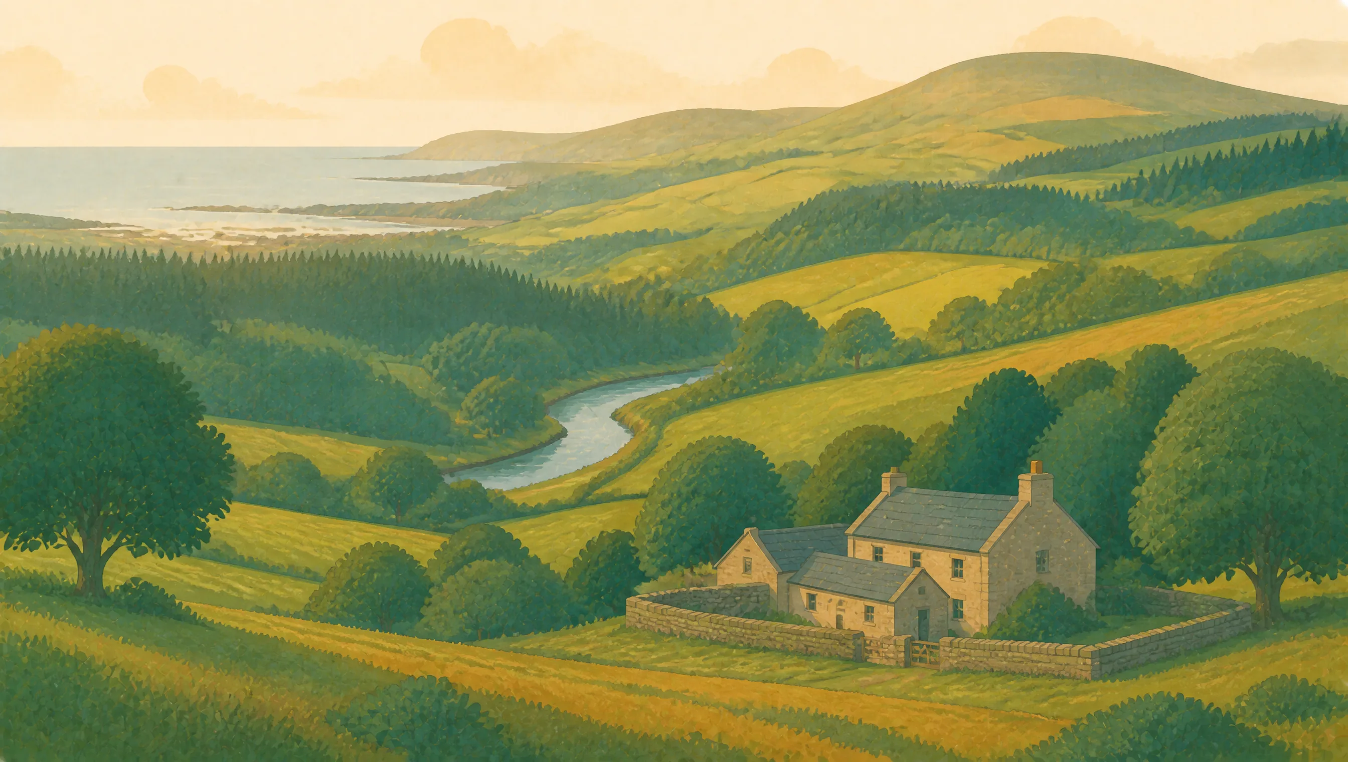 An illustrated Dumfries and Galloway landscape of wooded valleys, river, stone farmhouse and distant coast.