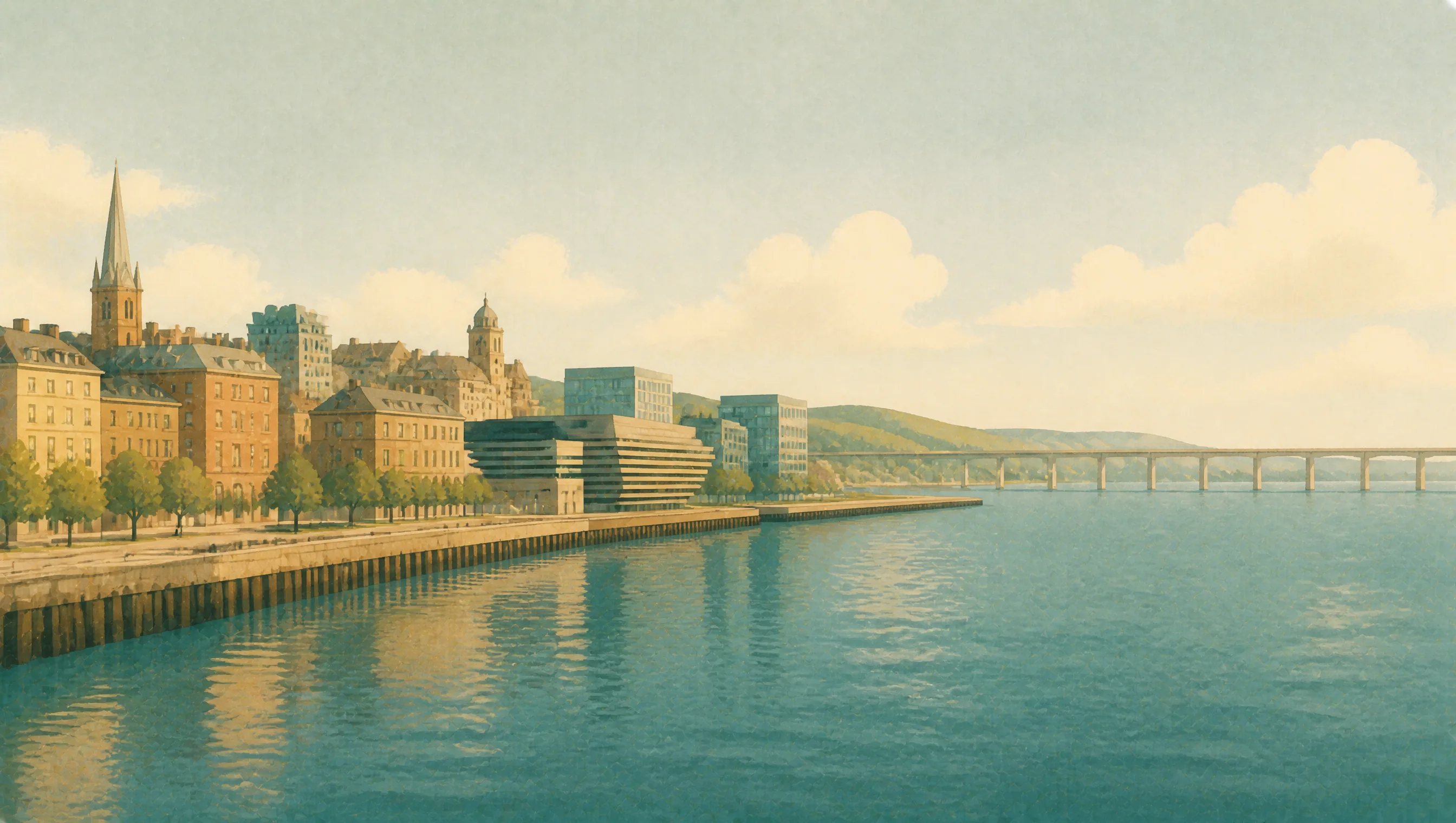 An illustrated Dundee waterfront with stone and modern buildings beside the broad River Tay and its bridge.