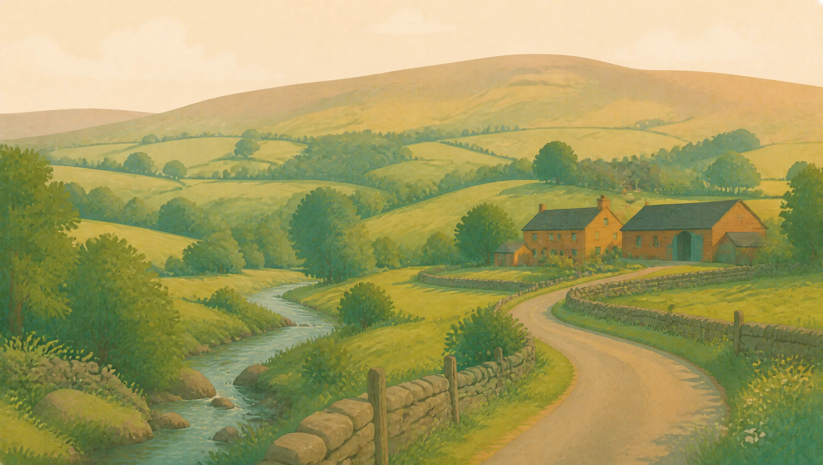 An illustrated East Ayrshire landscape with a burn, stone farm buildings, green fields and low moorland hills.