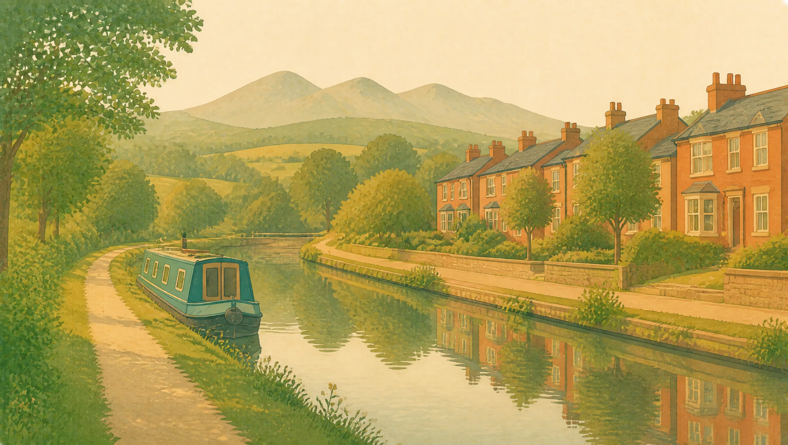 An illustrated East Dunbartonshire canal with a narrowboat, red sandstone homes and the Campsie Fells.