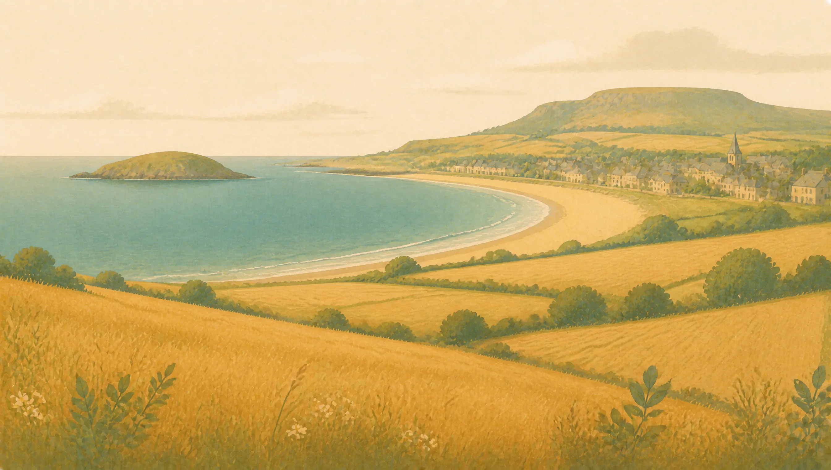 An illustrated East Lothian coast with a broad bay, farm fields, stone town and a flat-topped hill.
