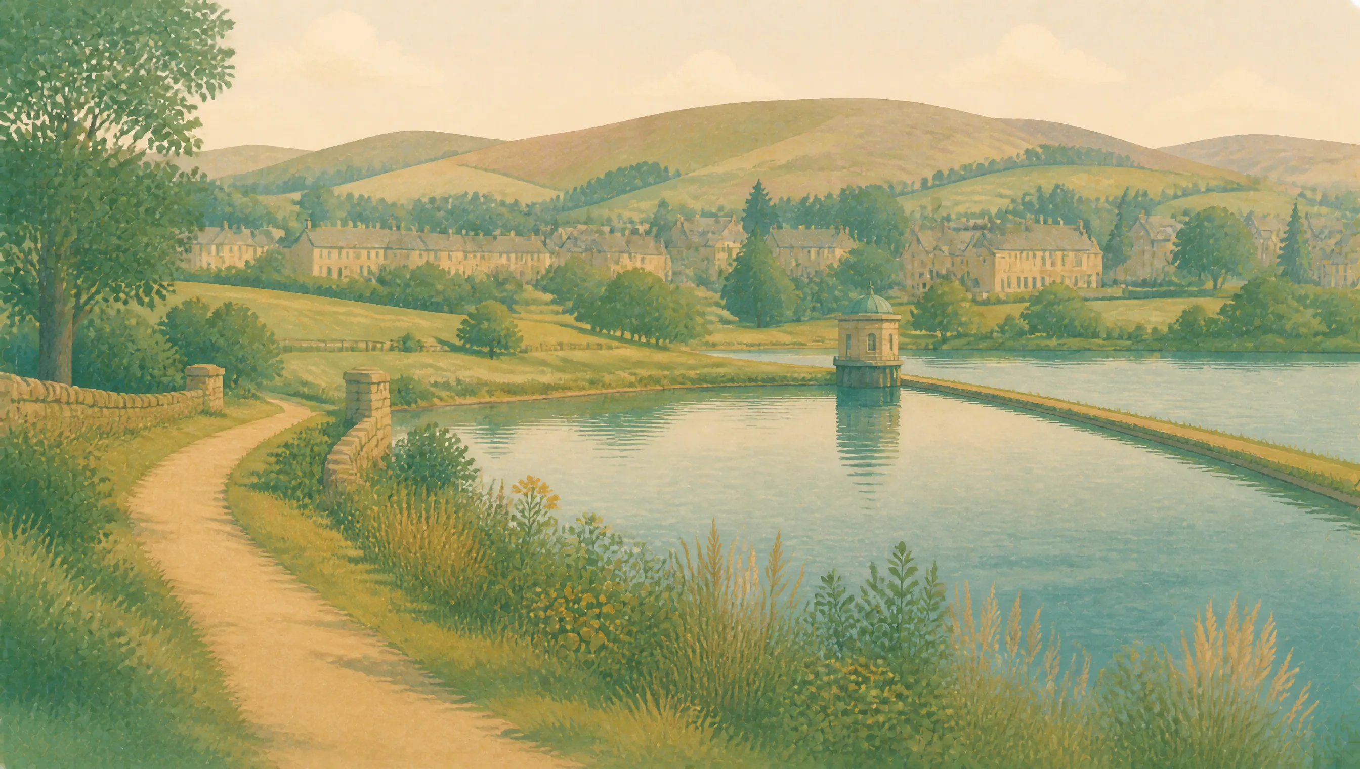 An illustrated East Renfrewshire reservoir bordered by woodland, parkland and a stone-built town.