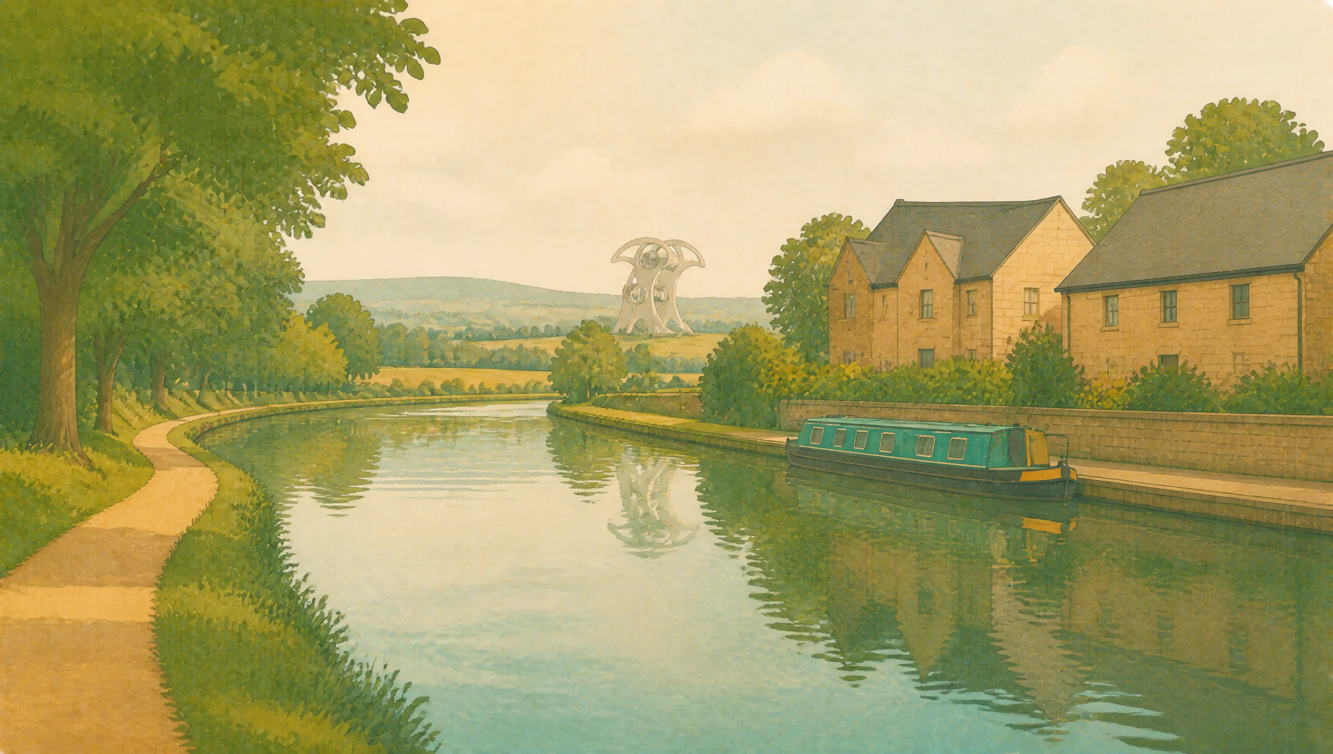 An illustrated Falkirk canal landscape with a narrowboat, towpath, stone buildings and a distant sculptural landmark.