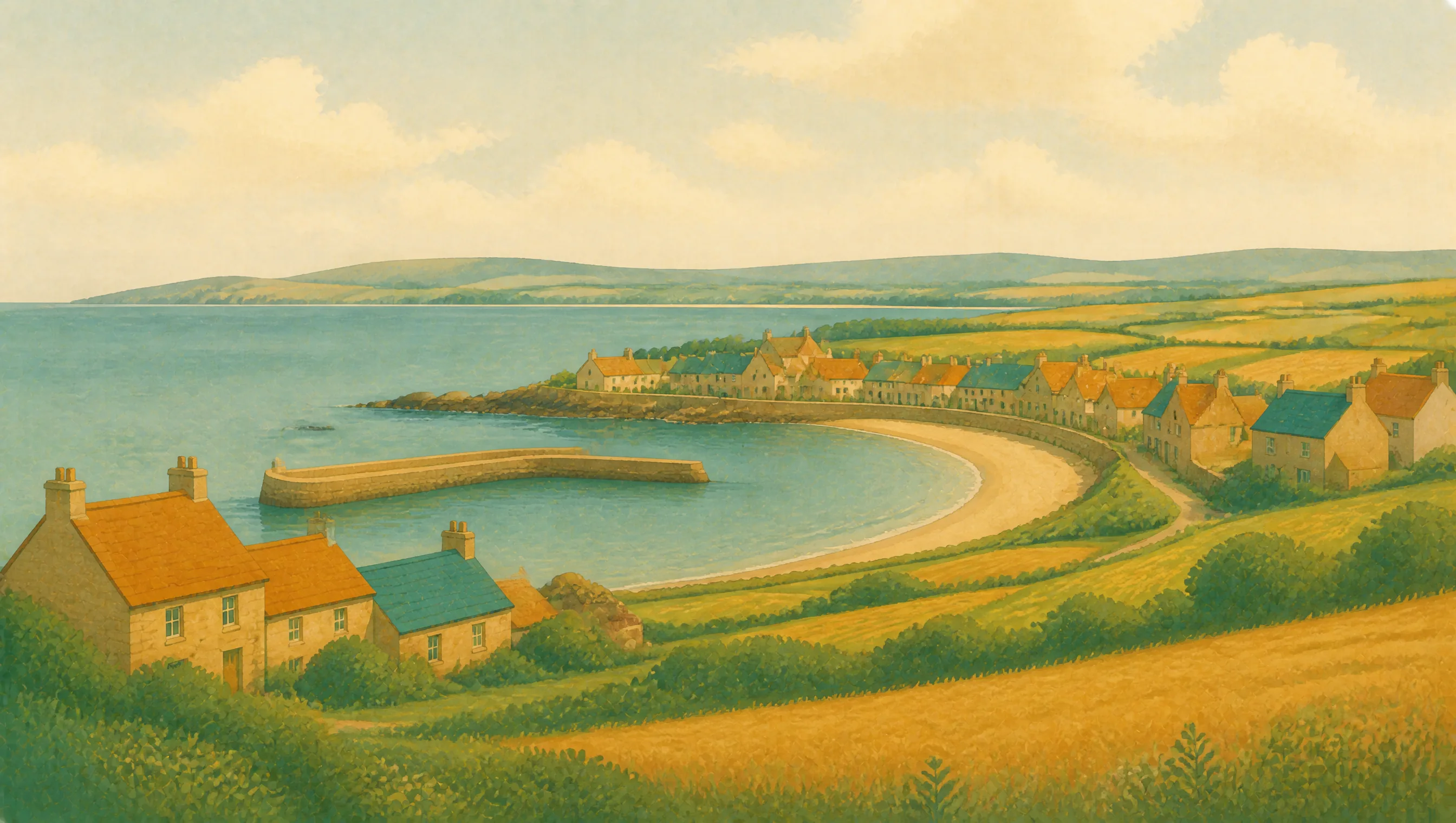 An illustrated Fife coastal village with stone harbour walls, cottages, farmland and a wide sea view.