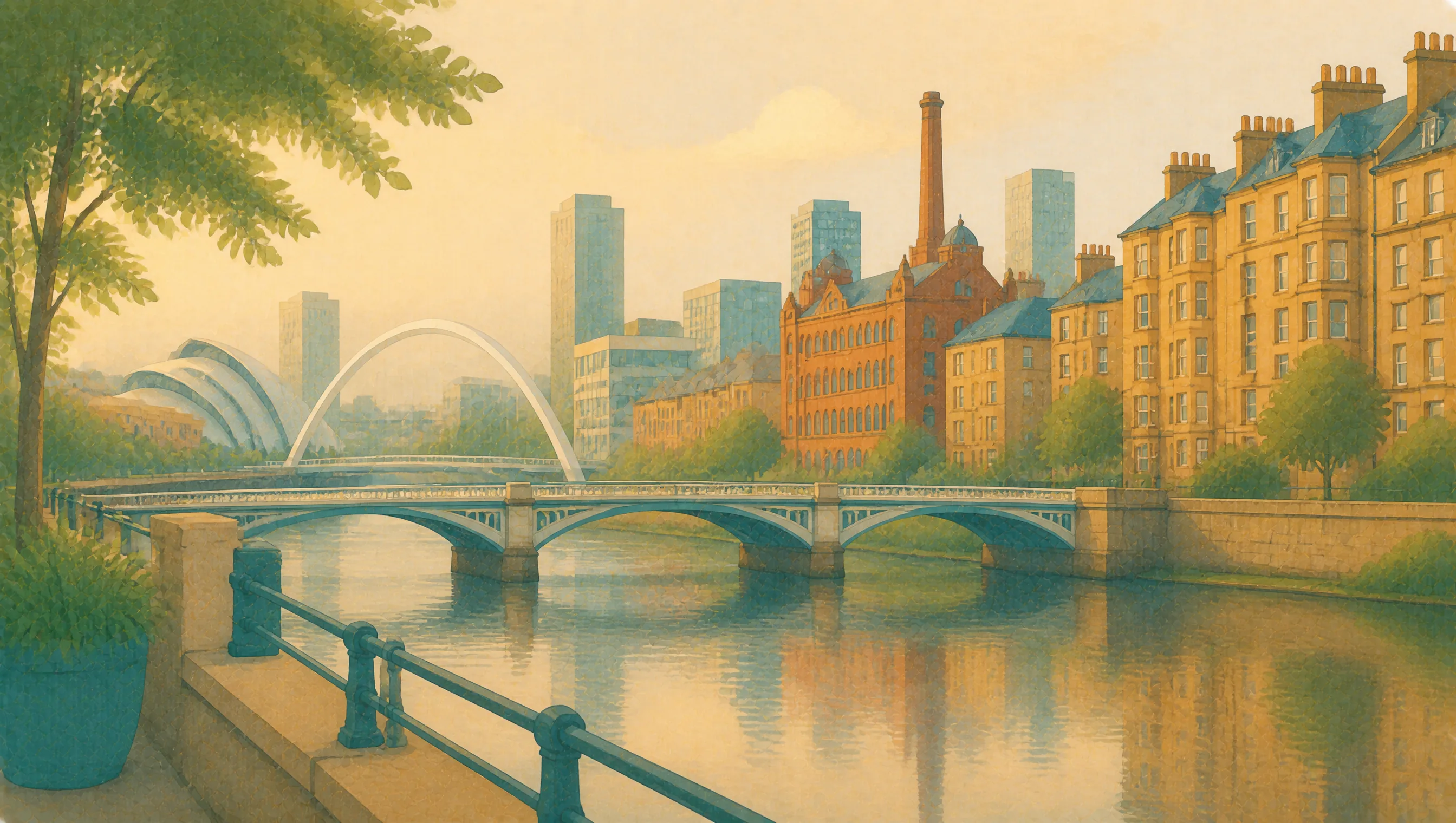 An illustrated Glasgow riverscape with sandstone buildings, modern bridges and the city skyline beside the Clyde.