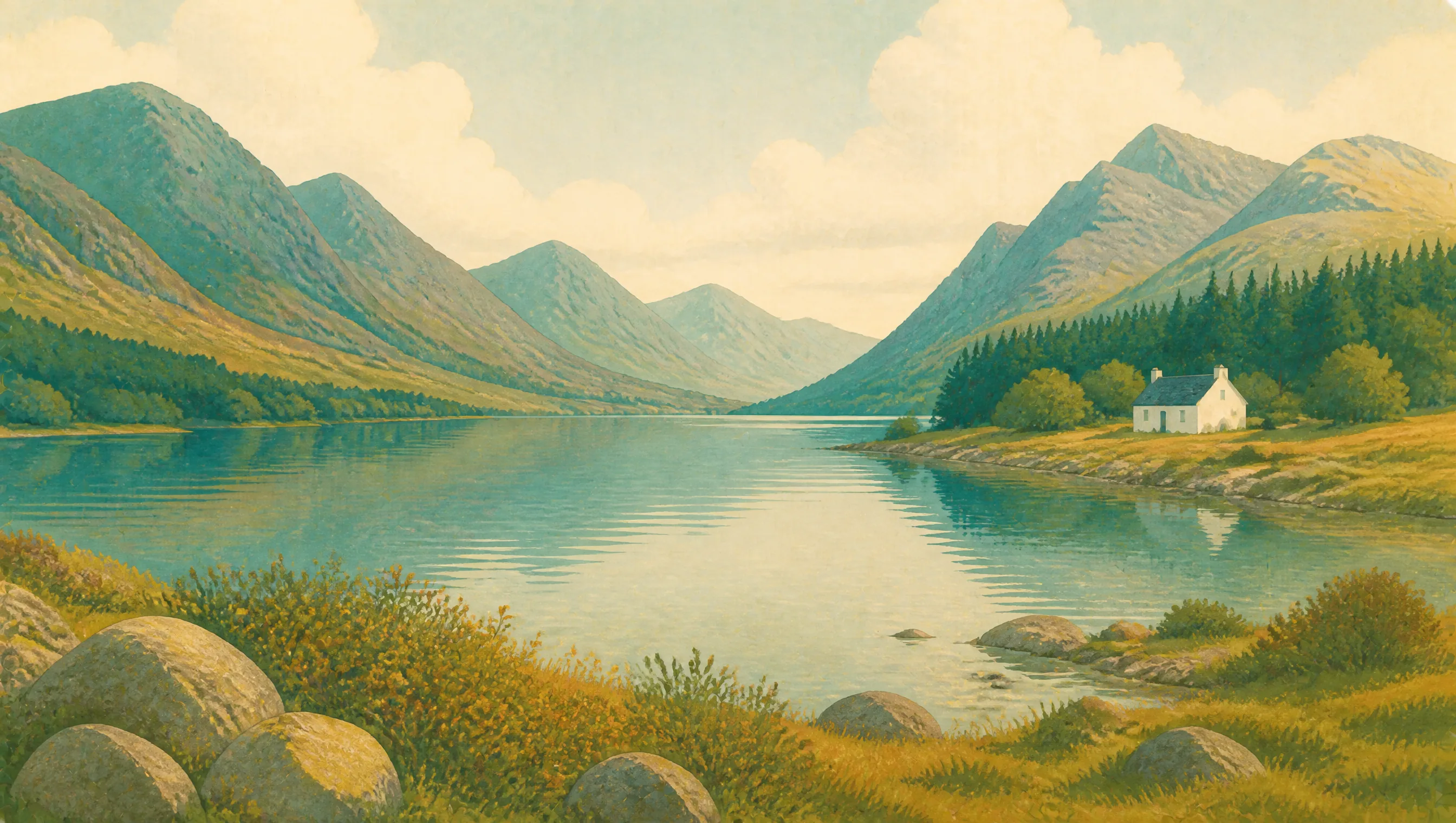 An illustrated Highland loch with steep mountains, pine woodland and a white cottage beside the water.