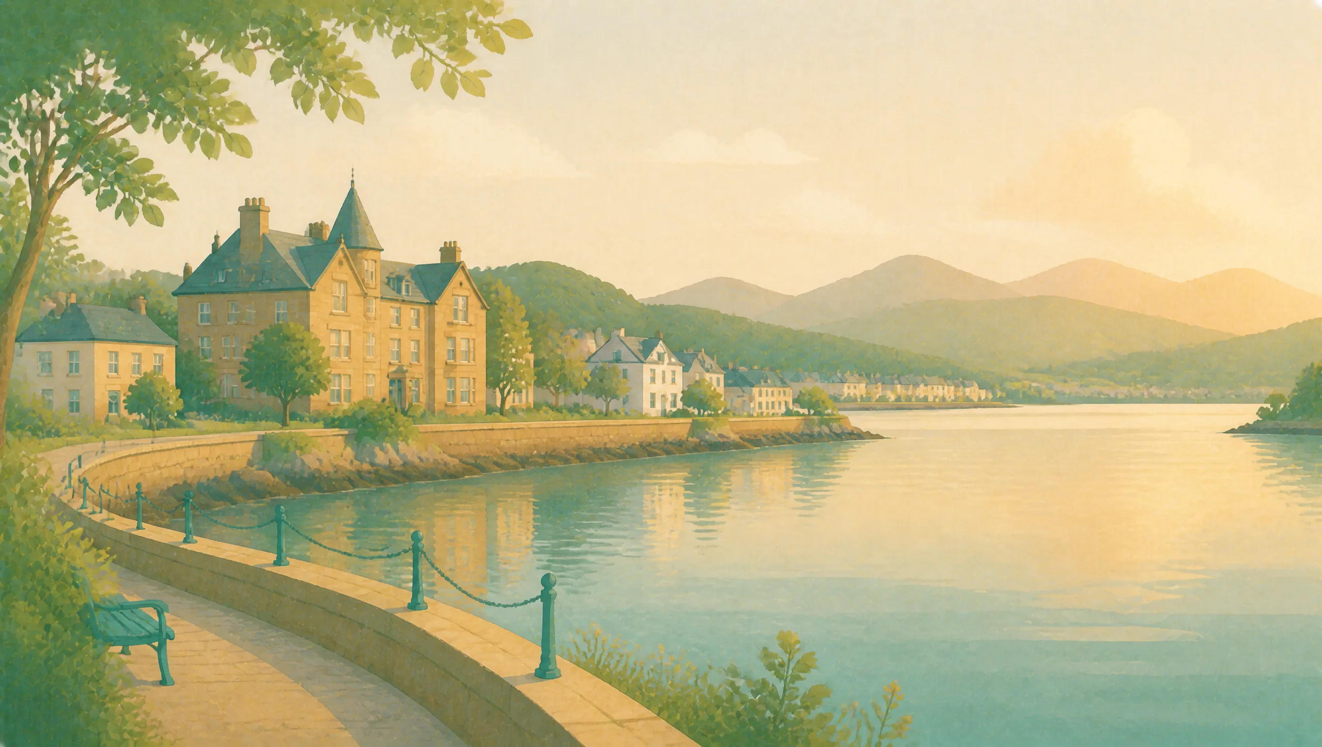 An illustrated Inverclyde waterfront with stone buildings, a promenade, wooded hills and the broad Clyde.