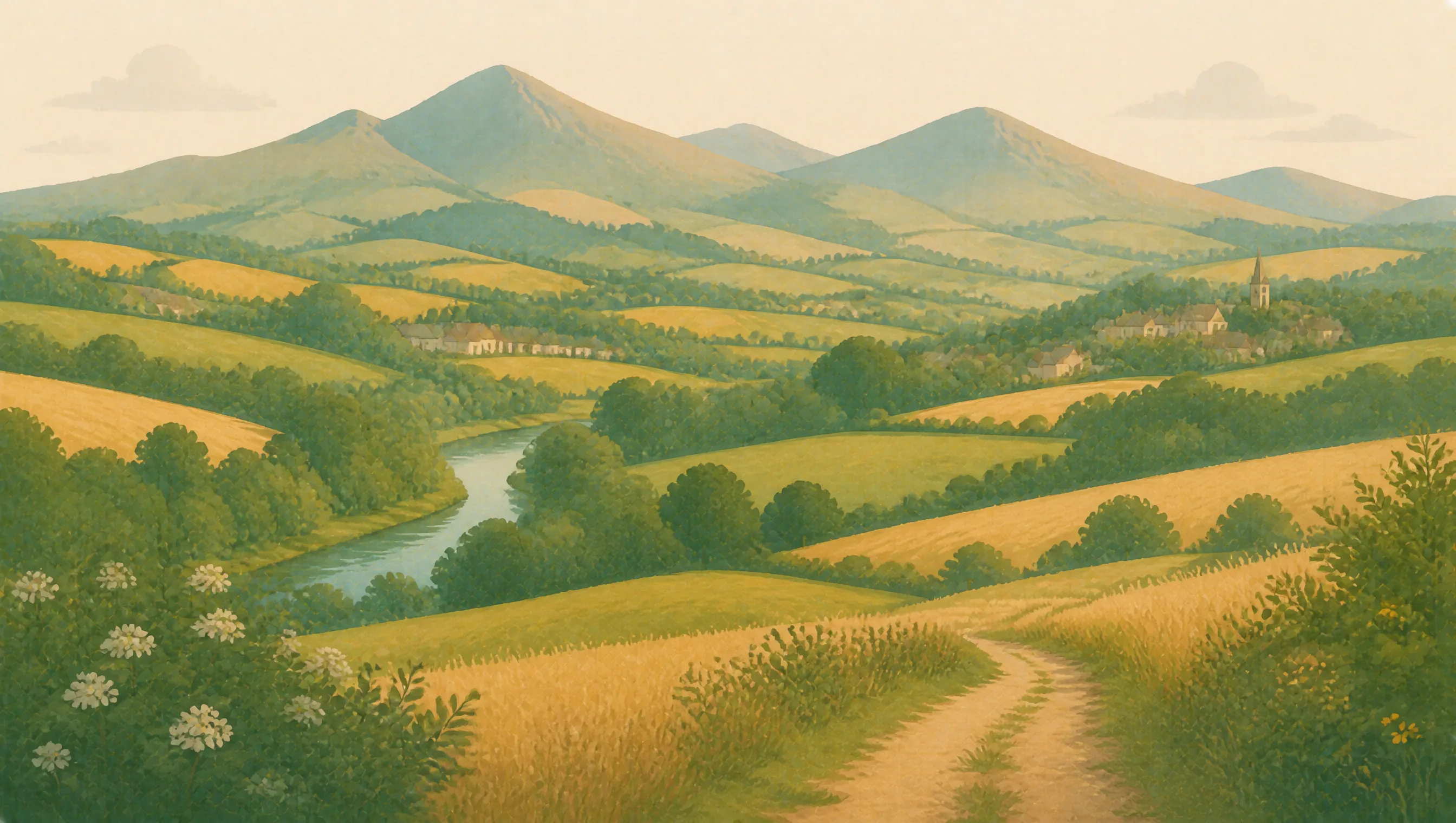 An illustrated Midlothian landscape of rolling fields, a winding river, small settlements and the Pentland Hills.