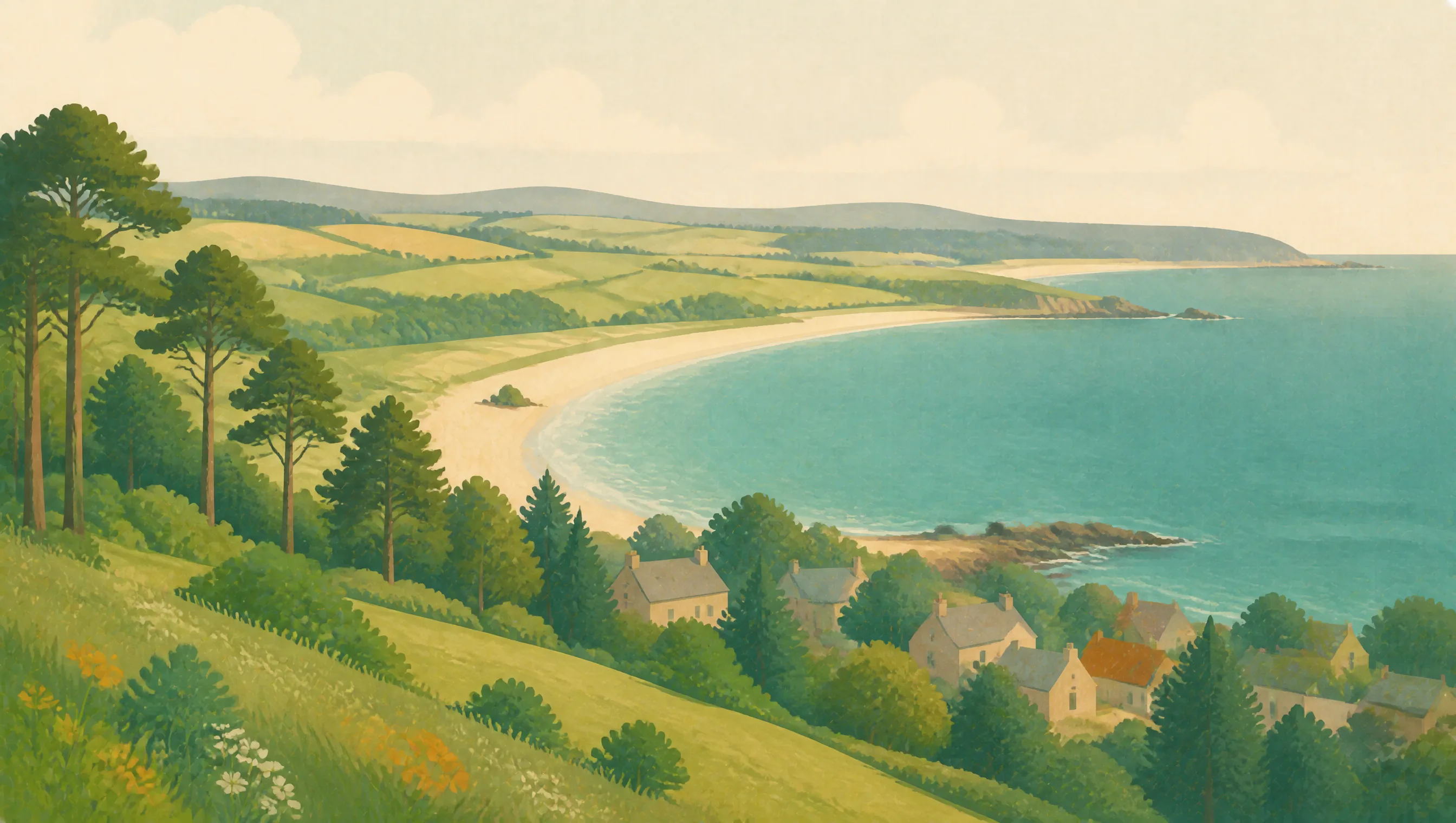 An illustrated Moray coast with a wide sandy bay, pine woodland, fields and a small village.
