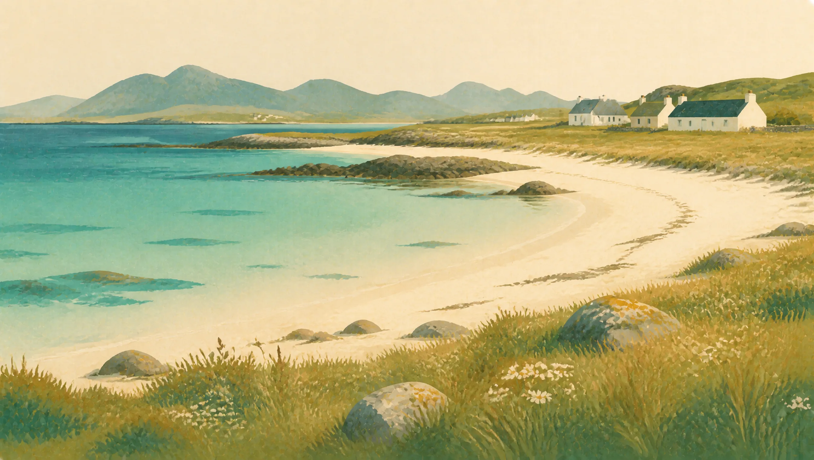 An illustrated Outer Hebrides beach with turquoise water, machair, white cottages and distant mountains.